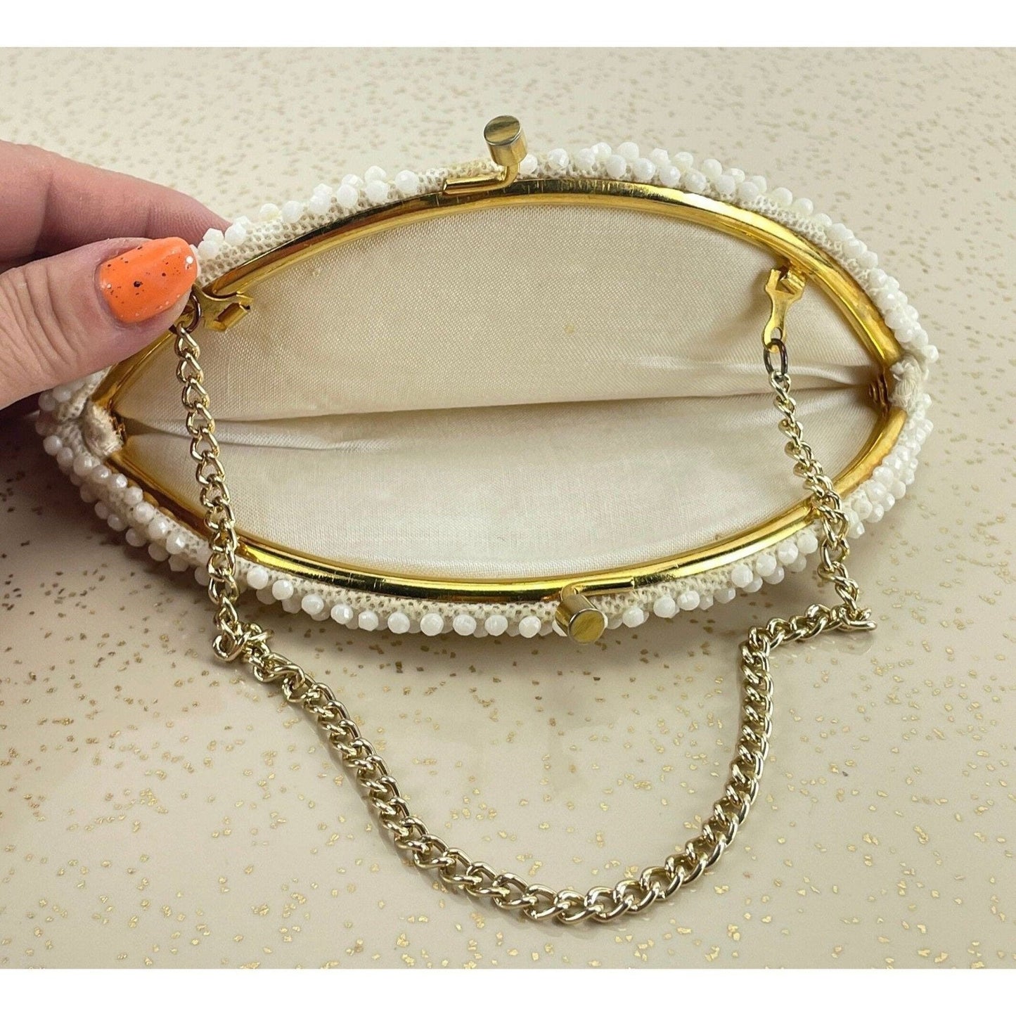 Vintage 50s cream beaded purse, Mid Century clutch,