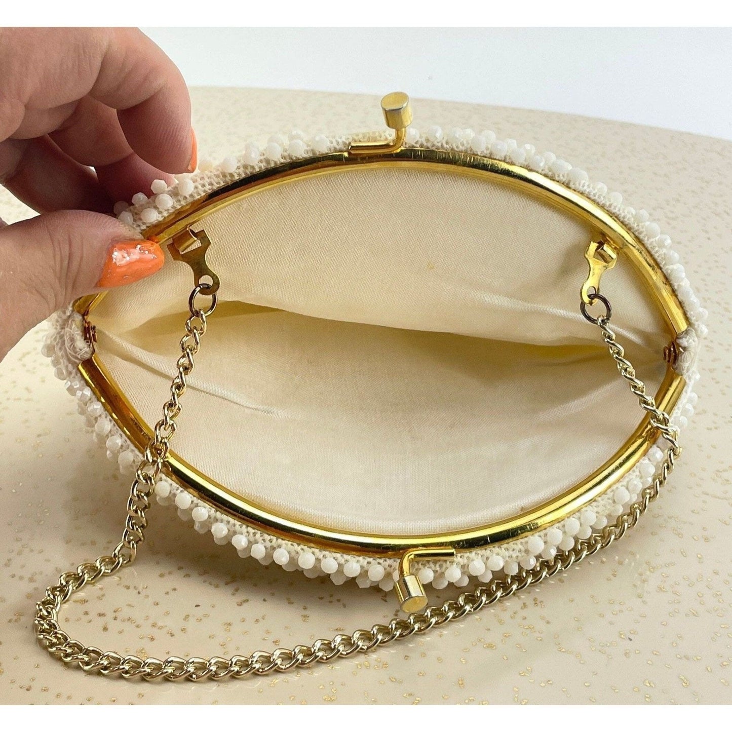 Vintage 50s cream beaded purse, Mid Century clutch,