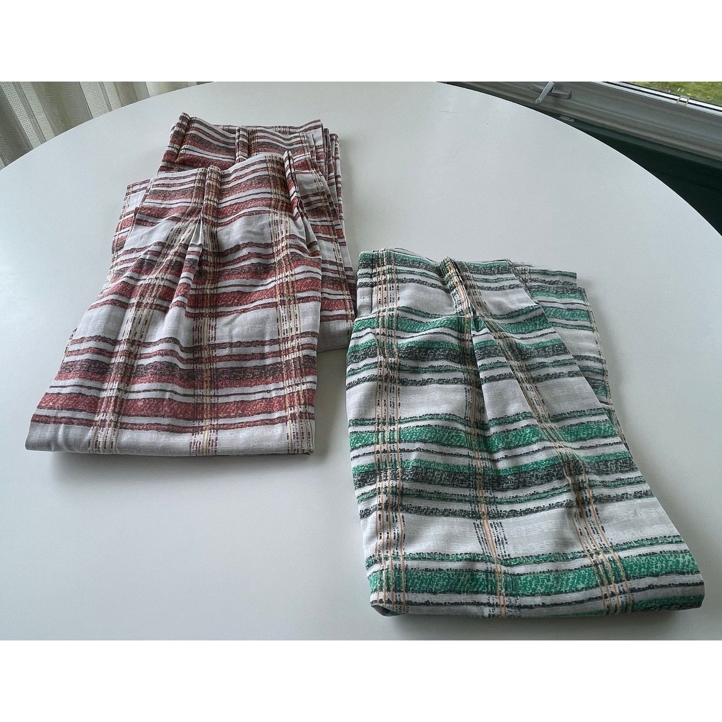 Vintage 70s pleated curtain, choice between red/white or green/white stripes