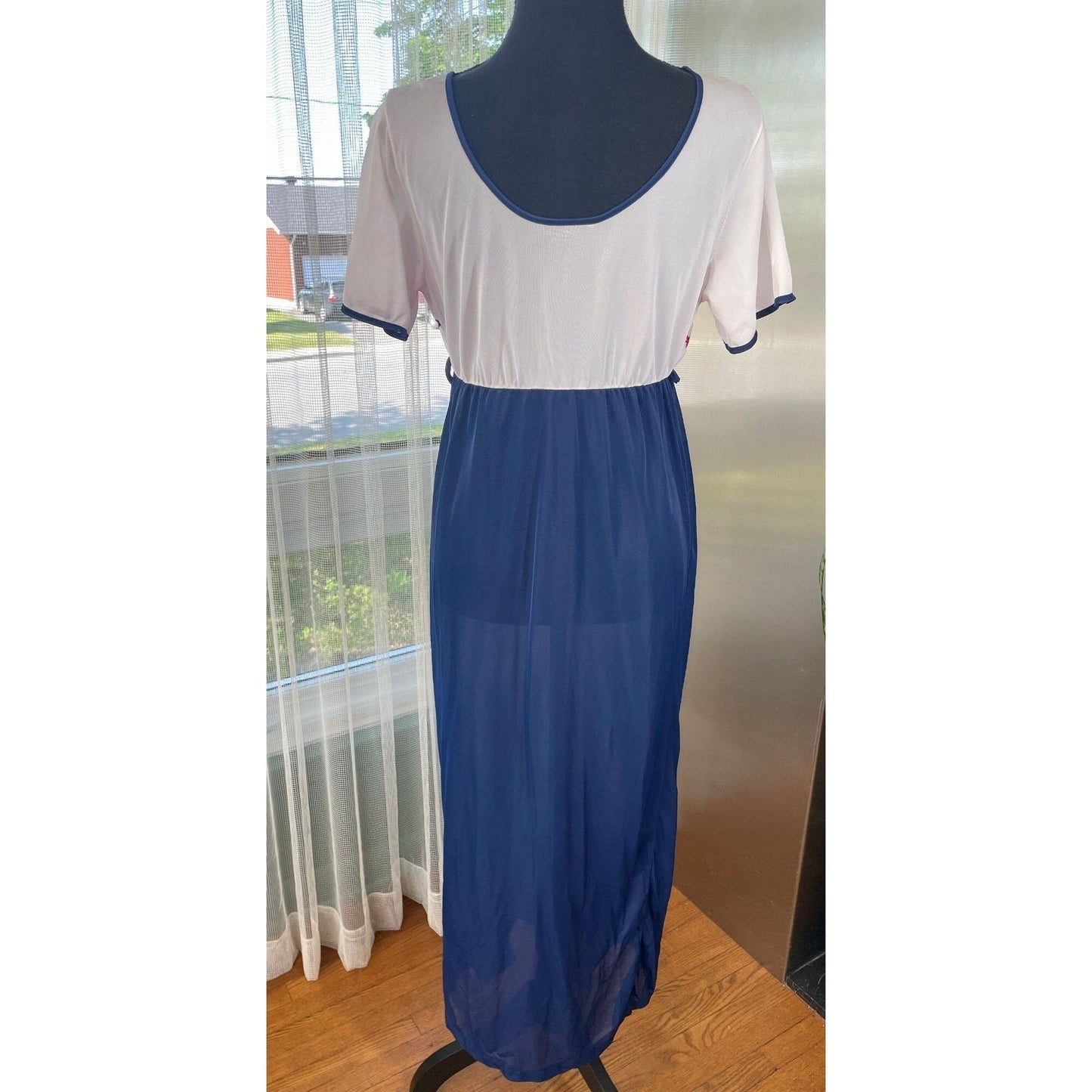 Vintage 80s dress, royal blue, white top, red yellow blue stars, short sleeves