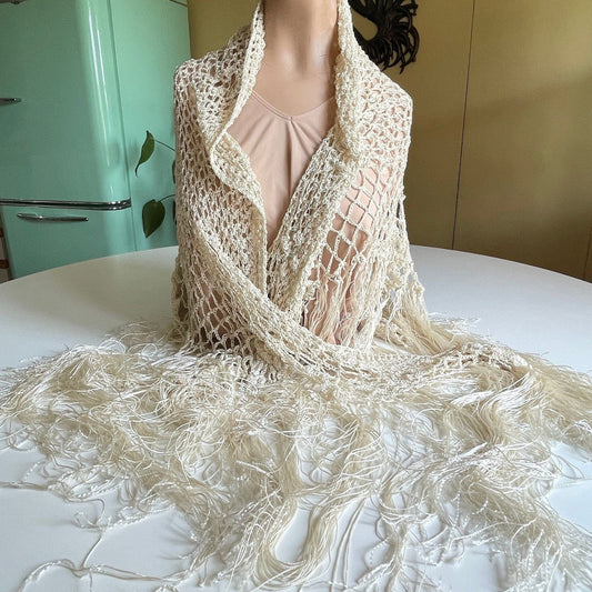 Vintage 80s silky crochet shawl, oversize fringed boho wrap