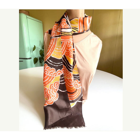 Vintage 70s long skinny scarf, orange, yellow white and brown