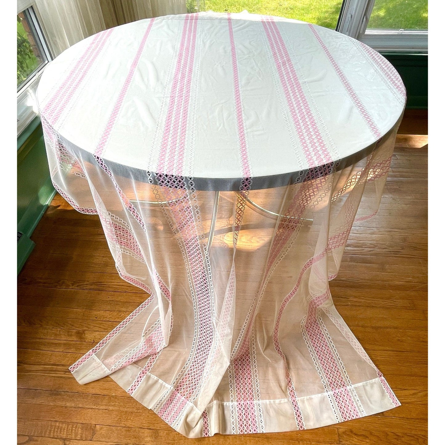 Vintage 80s curtain, pink stripes sheer panel
