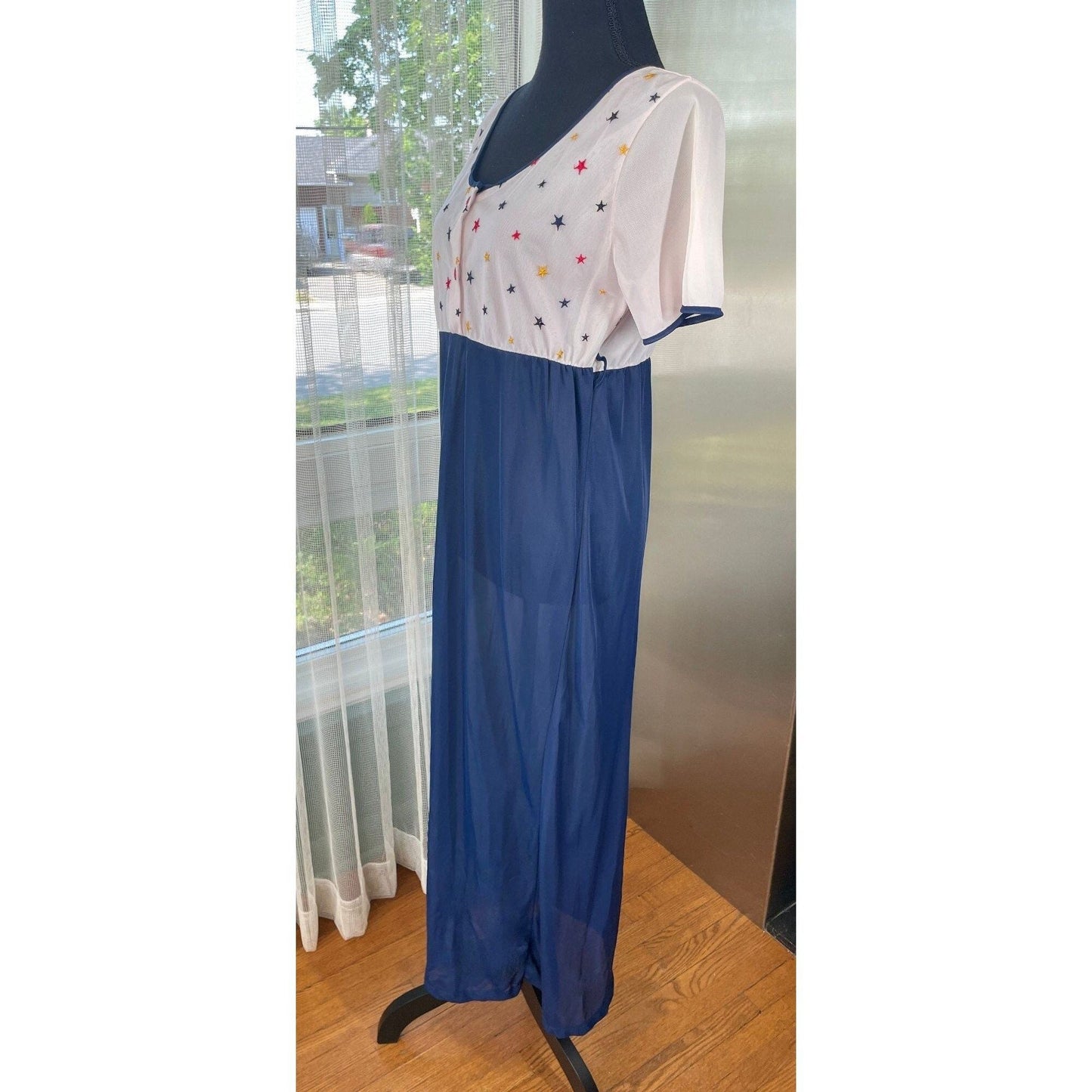 Vintage 80s dress, royal blue, white top, red yellow blue stars, short sleeves