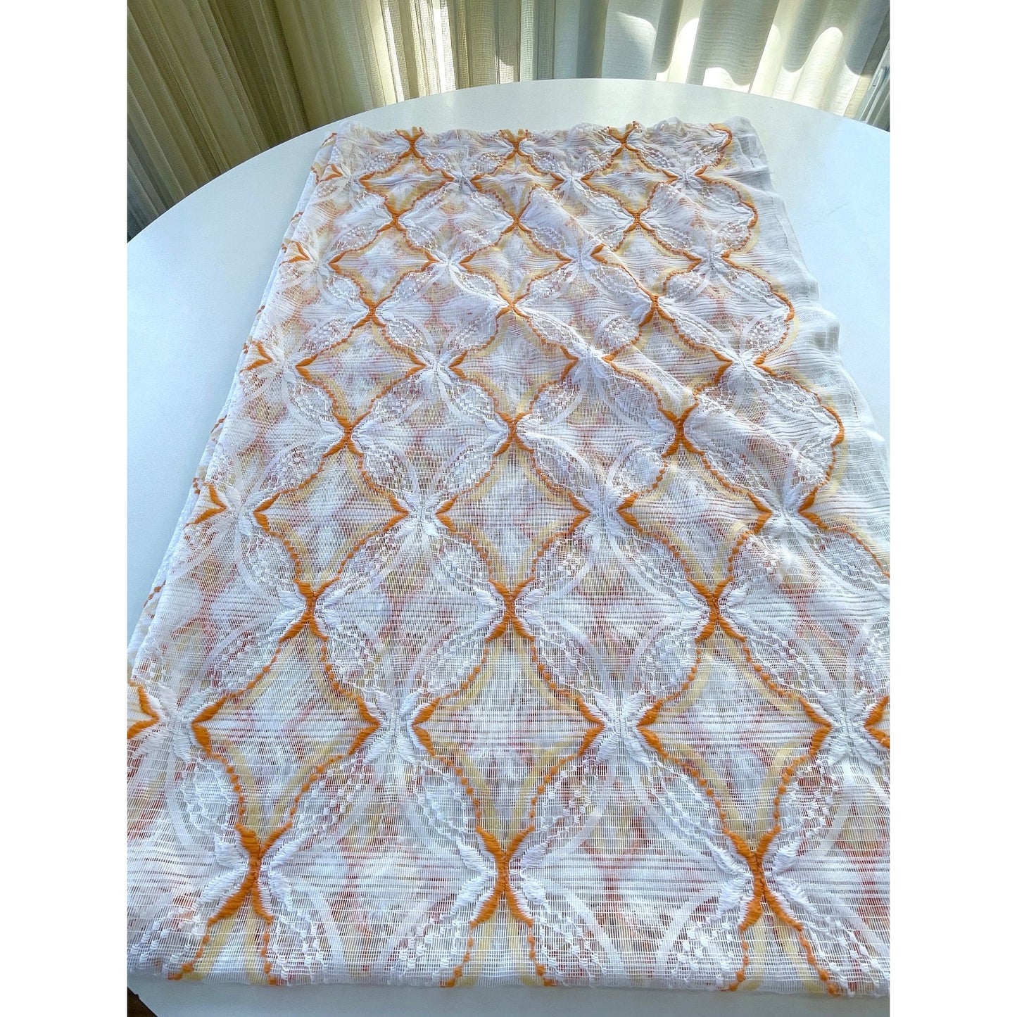 Vintage 70s geometric orange white mesh curtain
