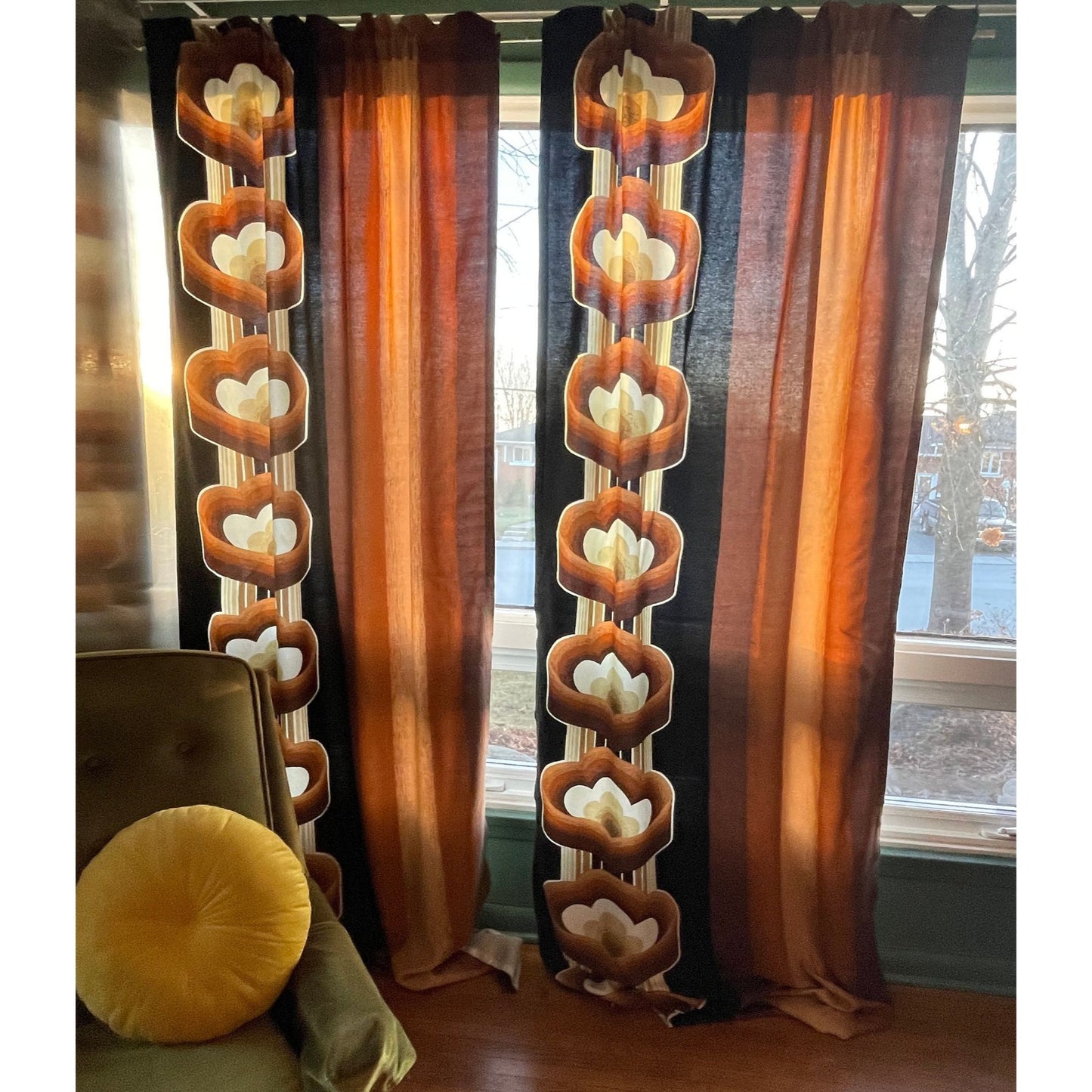 Vintage 60s brown orange geometric curtain panel