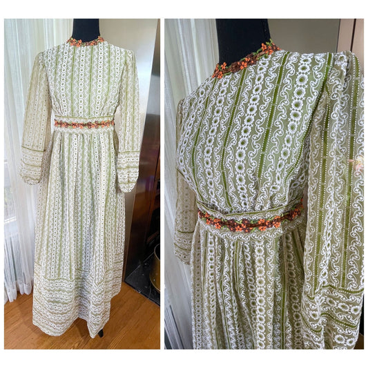 Vintage 1960s prairie maxi dress, green organza flocked floral