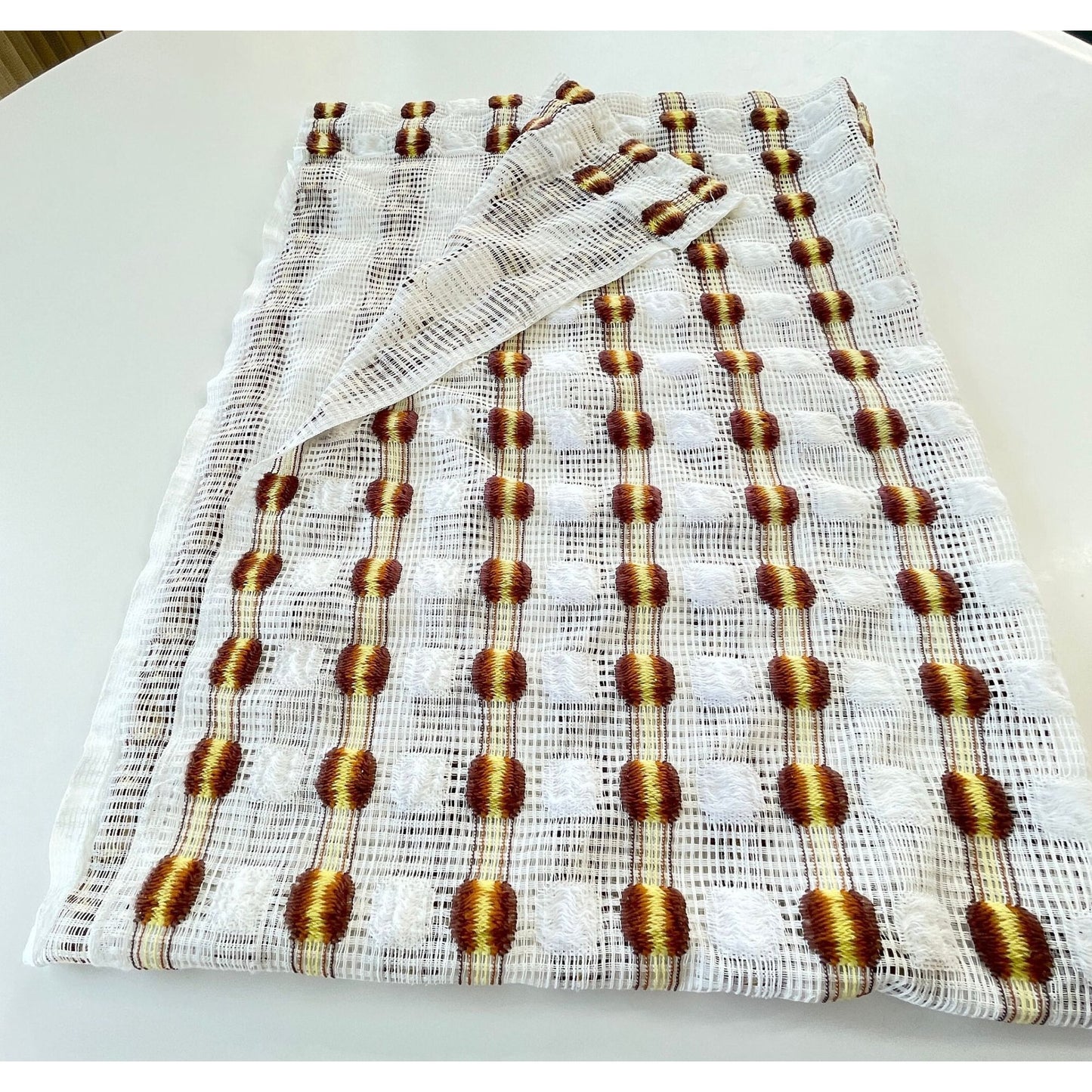 Vintage 70s curtain, orange yellow geometric pattern, mesh panel