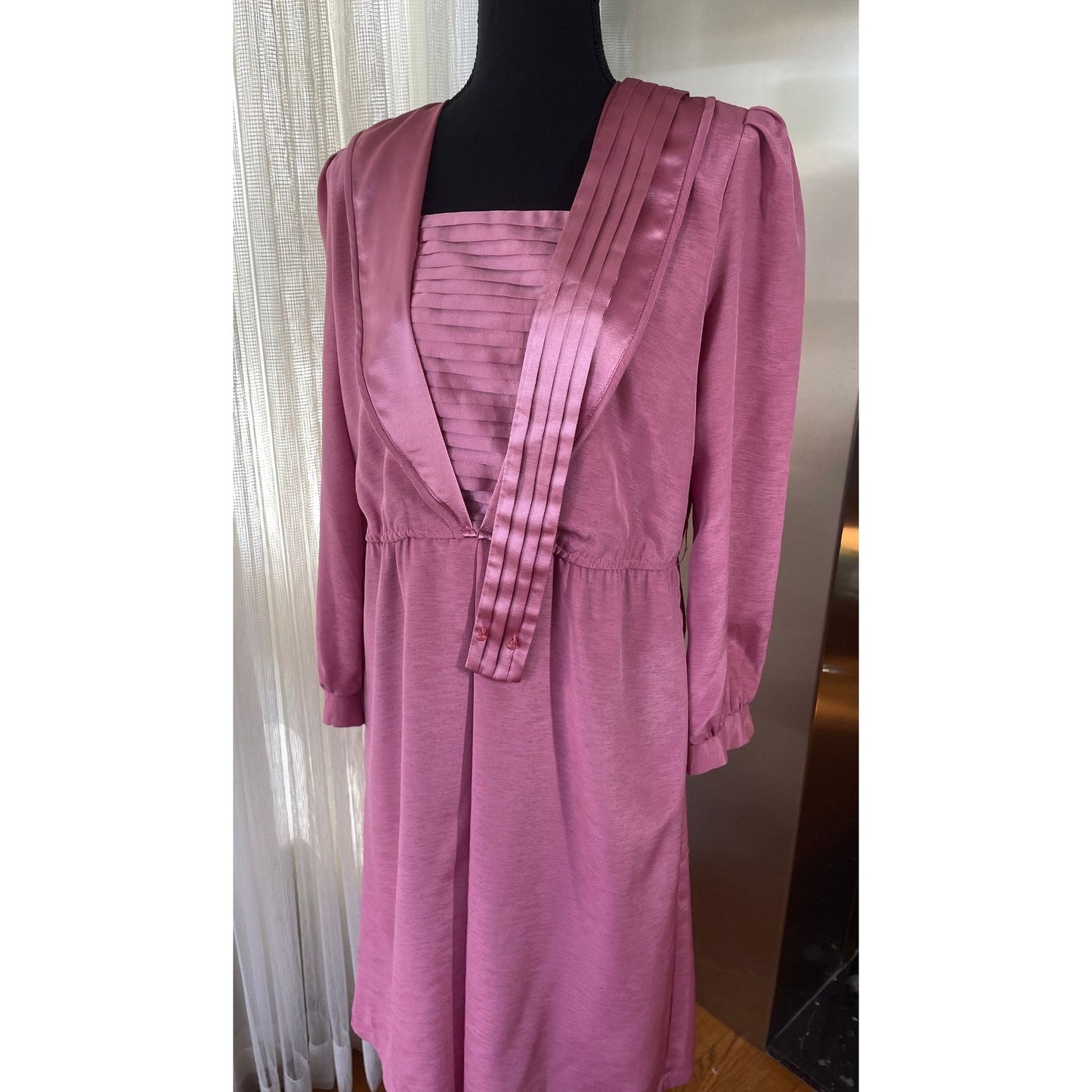Vintage 80s gown, pink satin dress, long sleeves