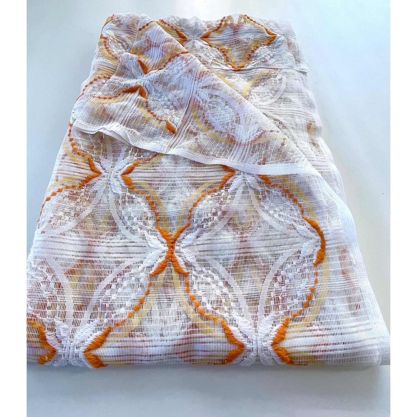 Vintage 70s geometric orange white mesh curtain
