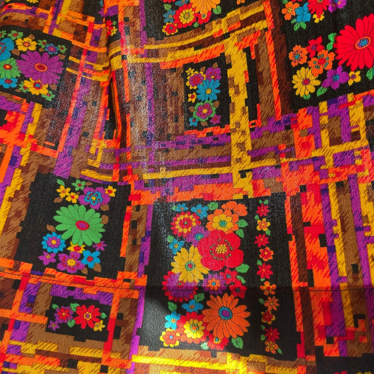Vintage 70s floral curtain panel, orange, hot pink, green, blue