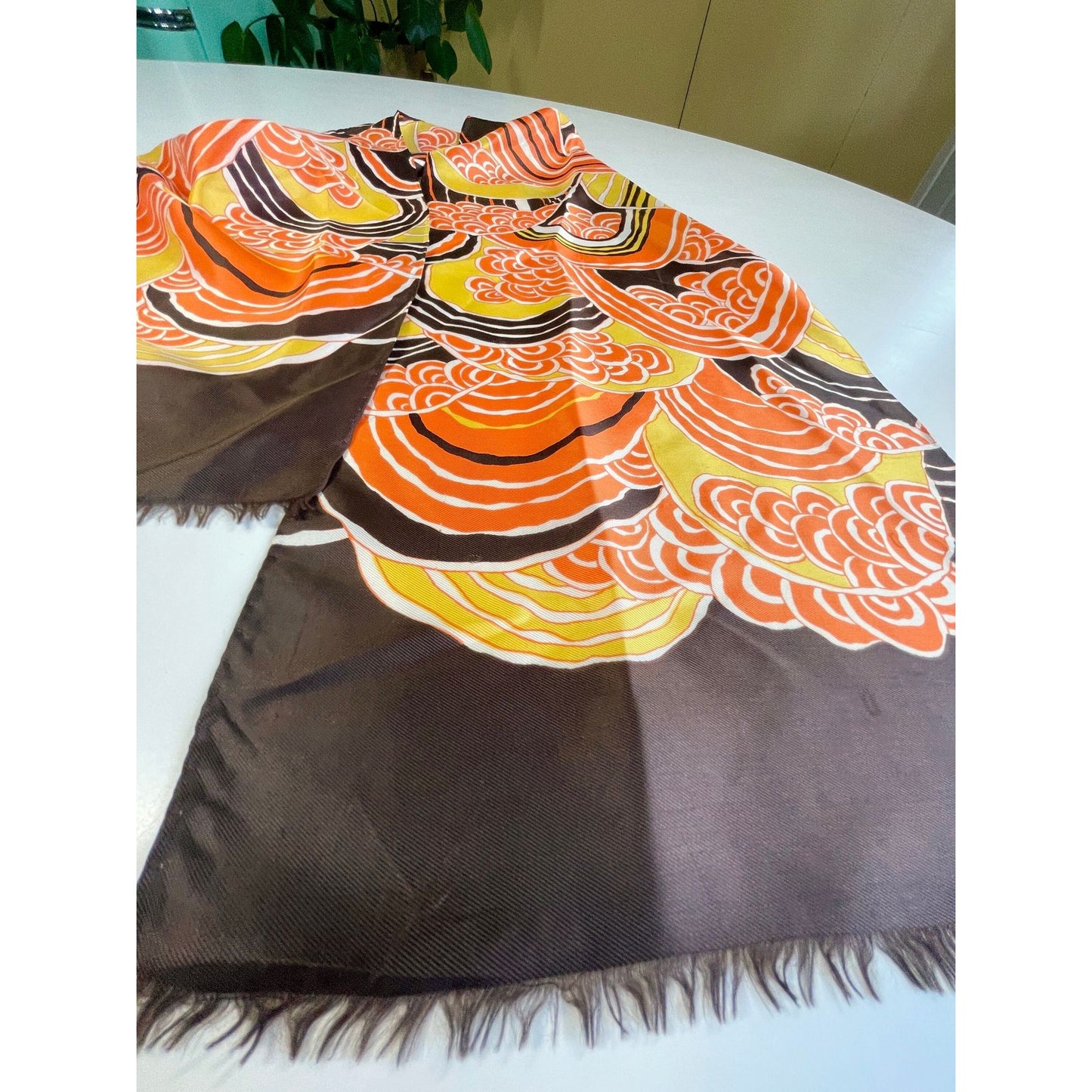 Vintage 70s long skinny scarf, orange, yellow white and brown