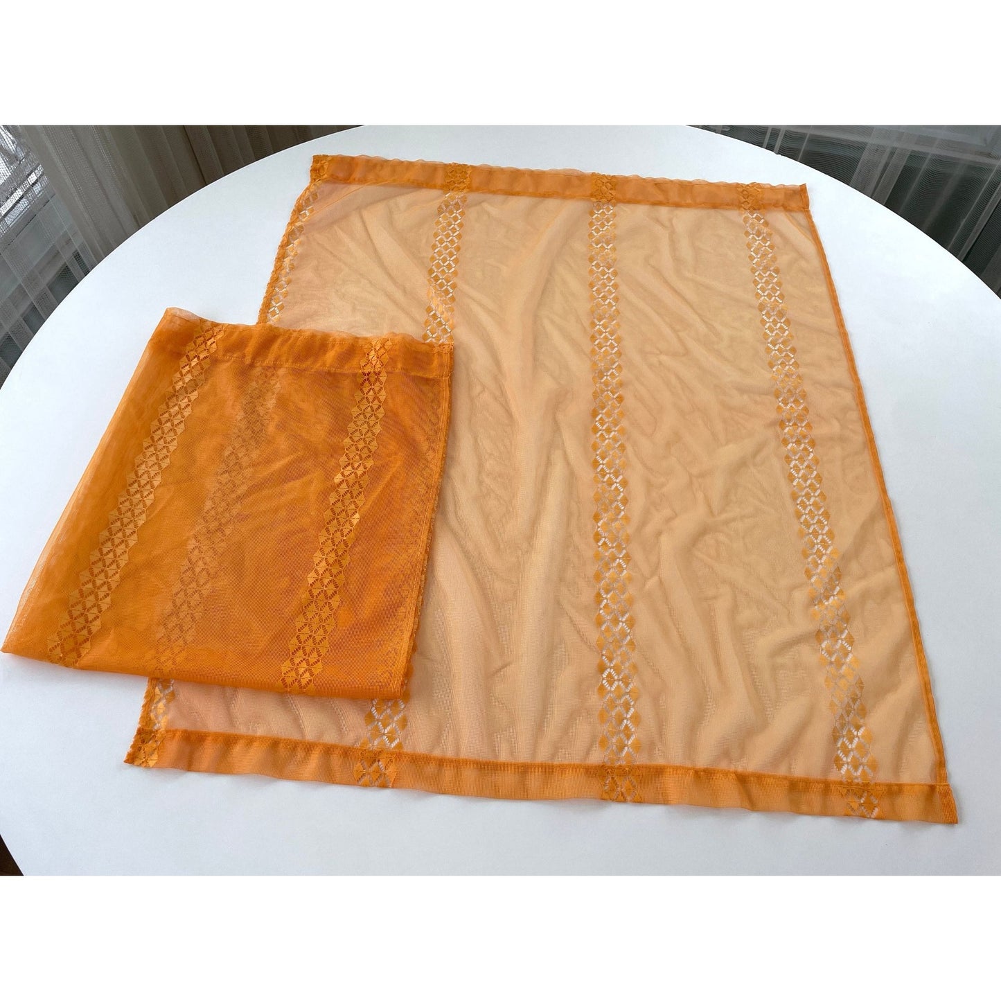 Vintage 70s curtains, pair orange mesh panels