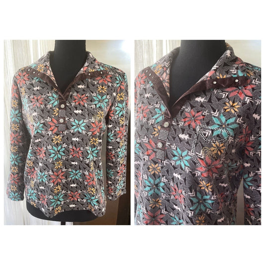 Vintage 70s top, taupe brown, glitter studded top, long sleeves