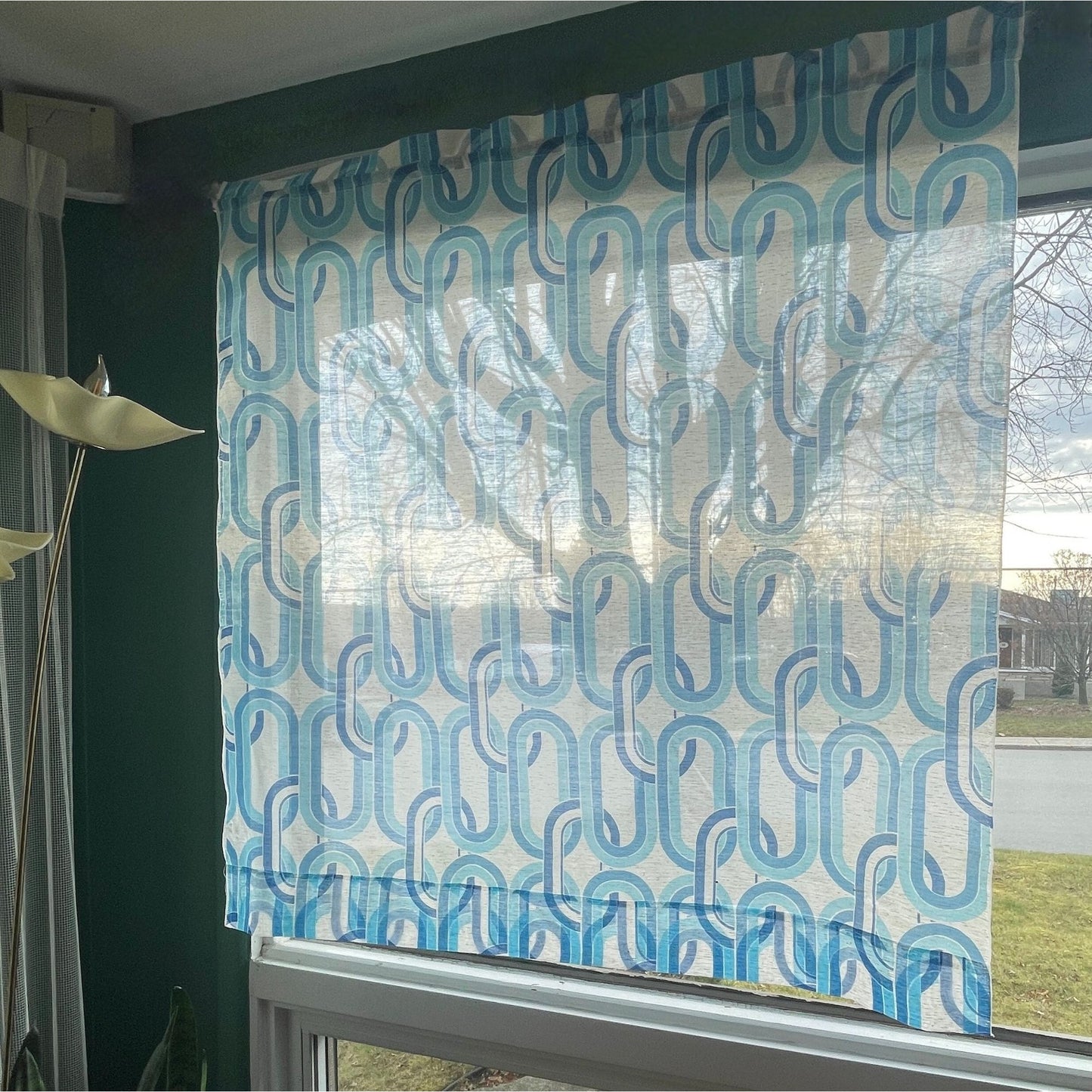 Vintage 70s blue geometric curtain, single panel
