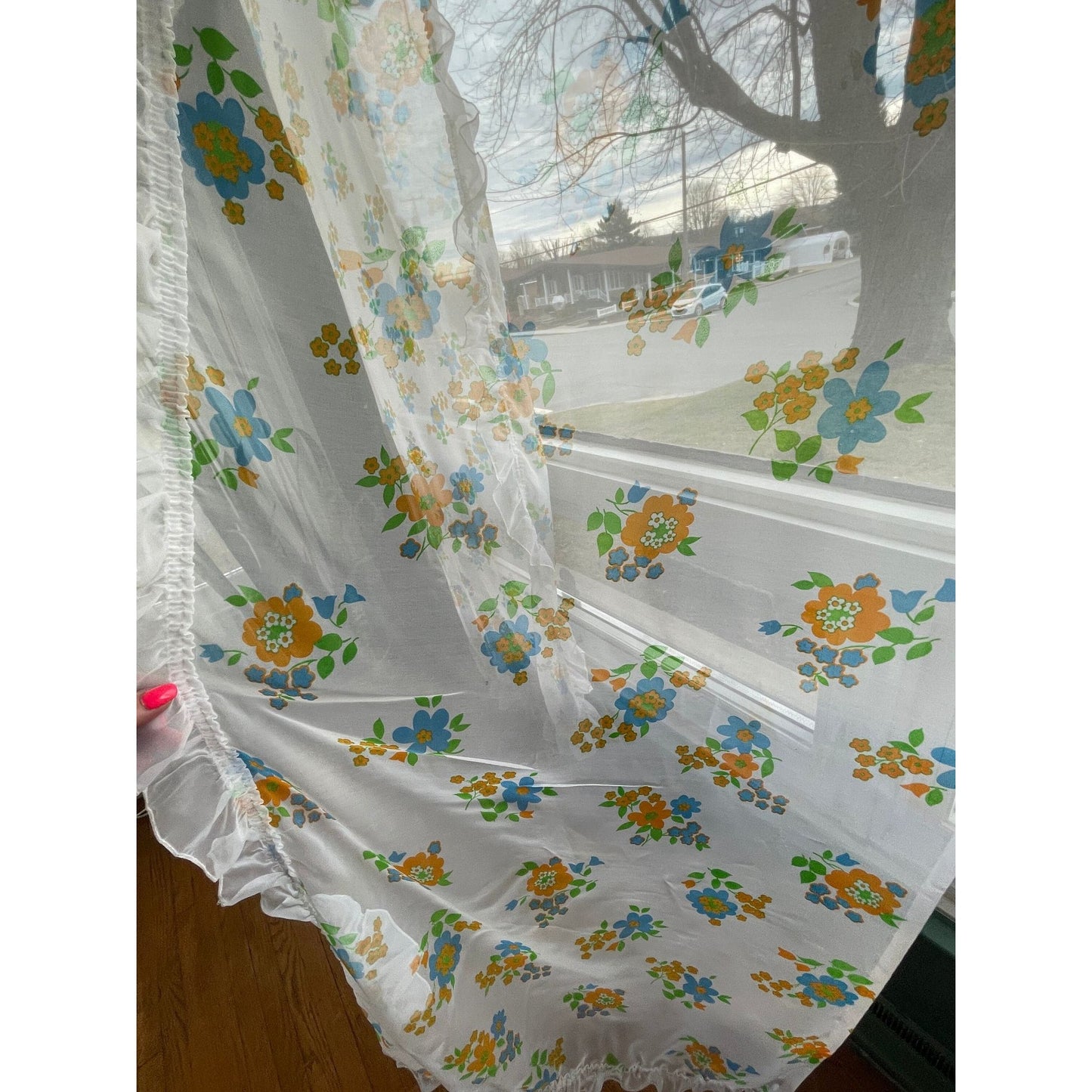Vintage 80s ruffled panels, green blue flowers