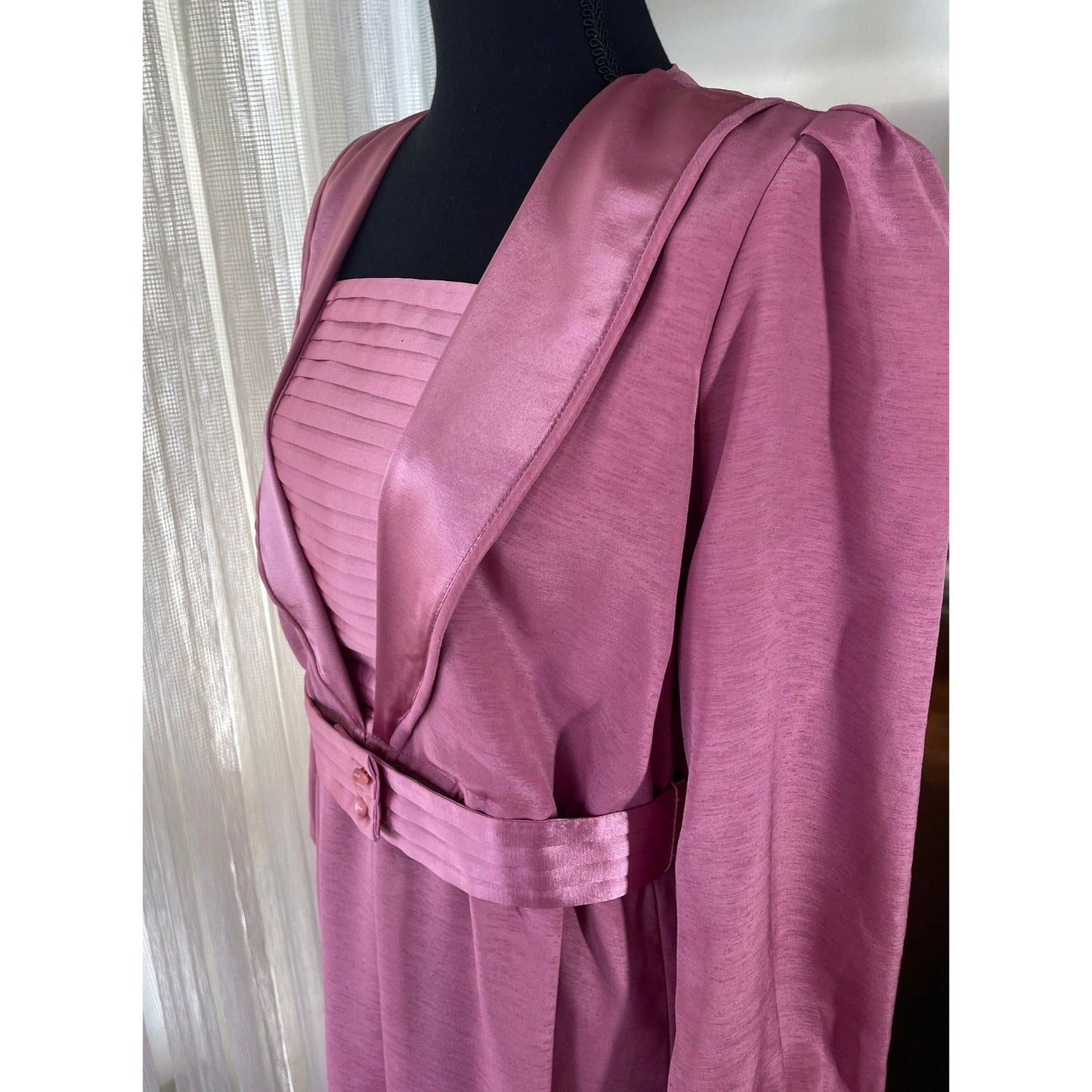 Vintage 80s gown, pink satin dress, long sleeves