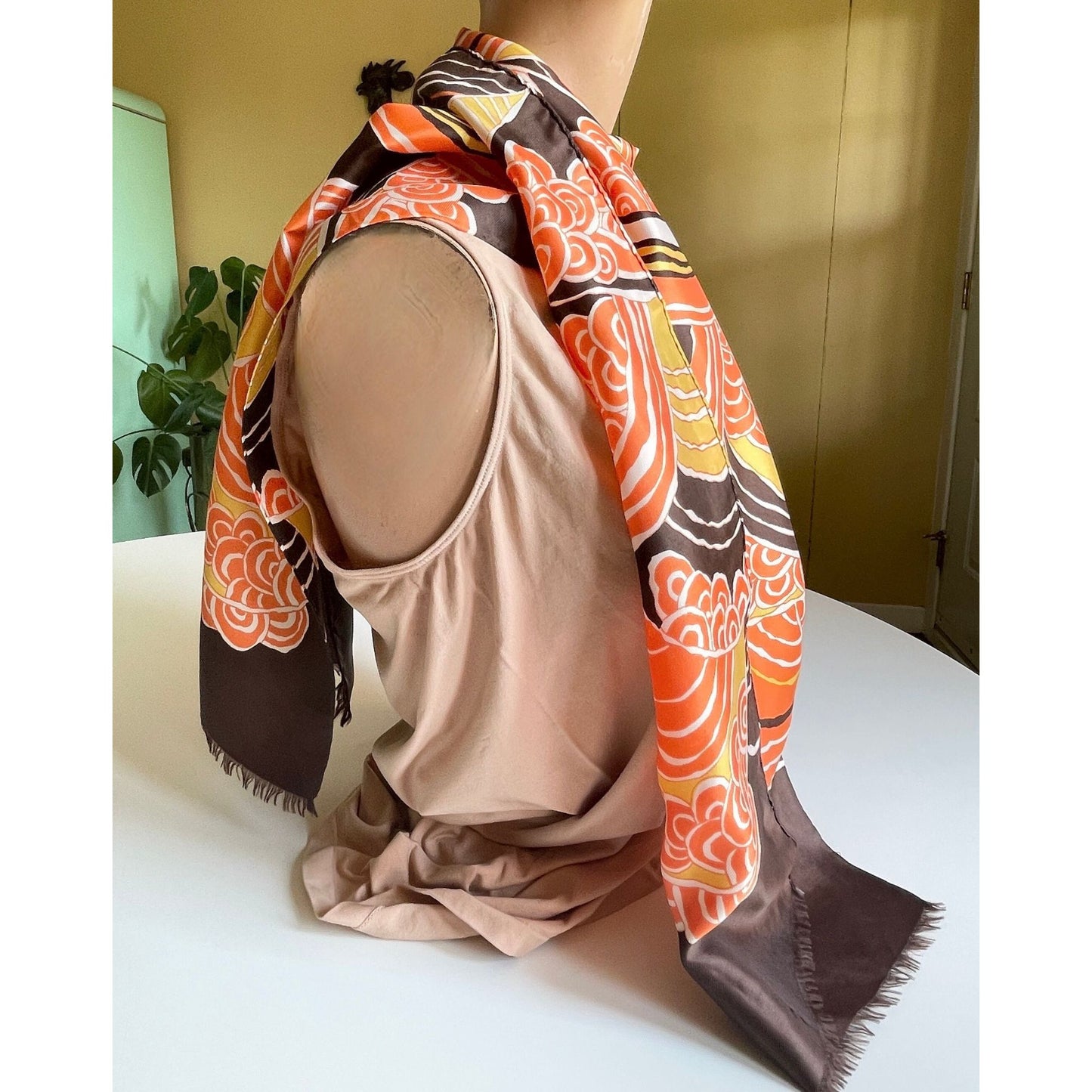 Vintage 70s long skinny scarf, orange, yellow white and brown