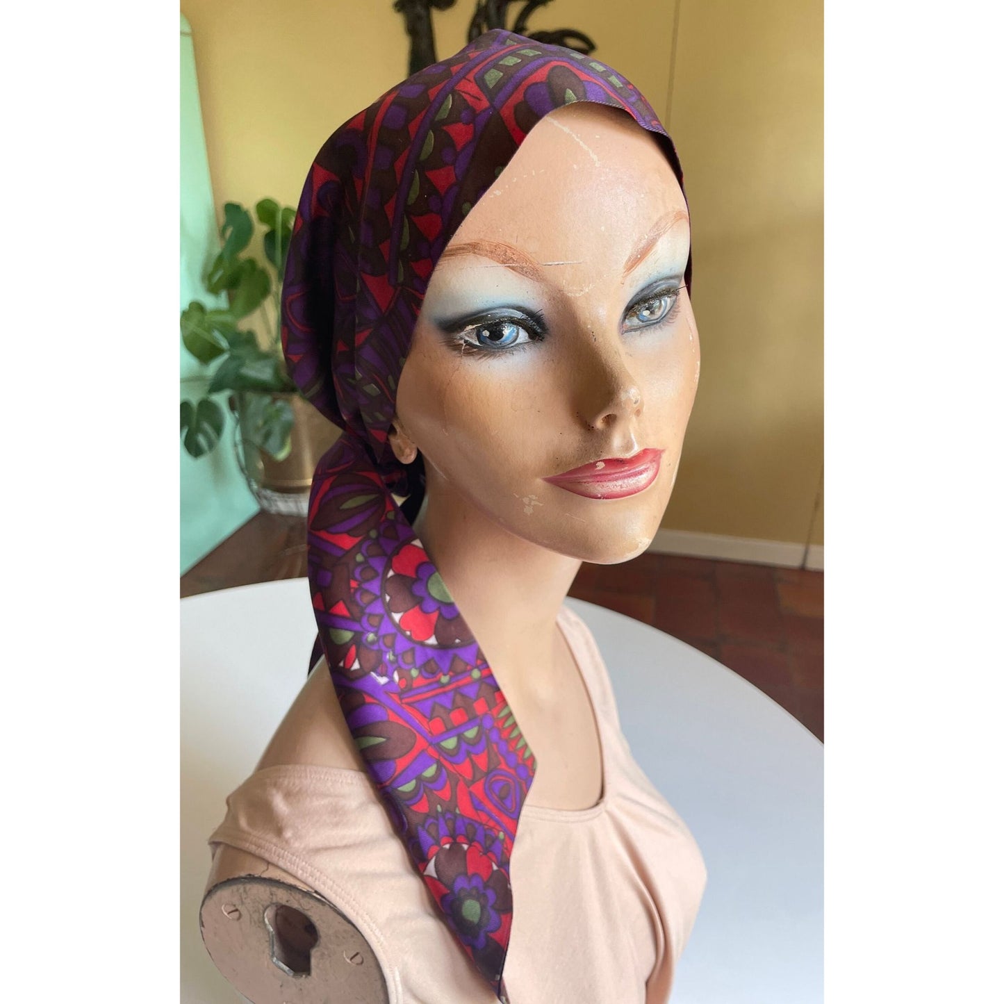 Vintage 1970s boho head scarf, purple, hot pink abstract pattern
