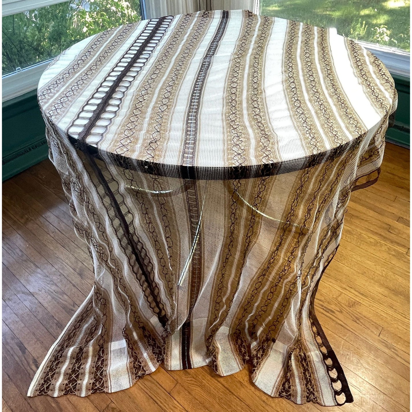 Vintage 70s curtain, white brown striped woven mesh