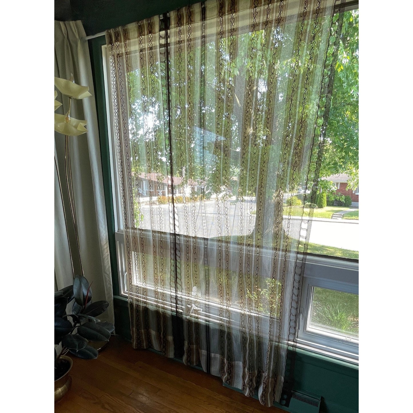 Vintage 70s curtain, white brown striped woven mesh