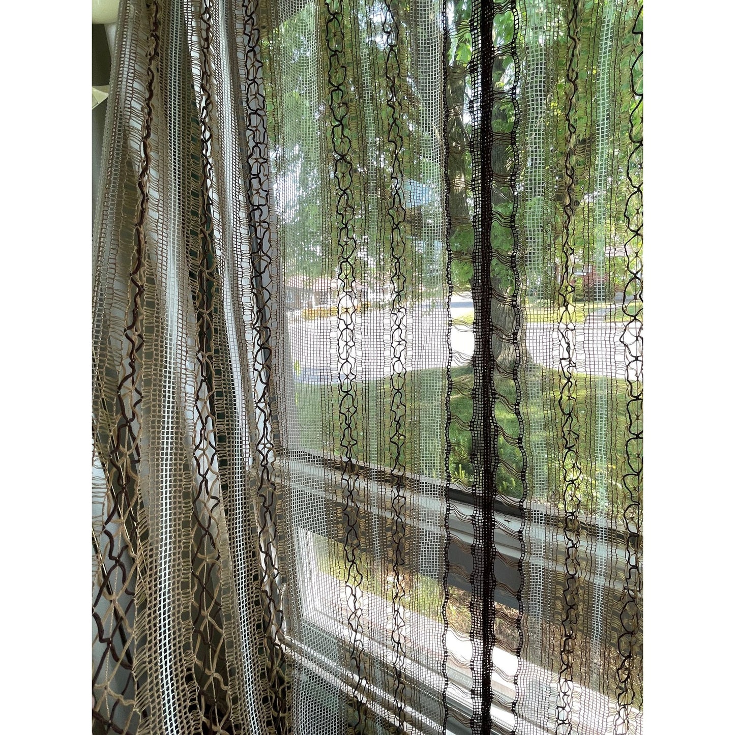 Vintage 70s curtain, white brown striped woven mesh