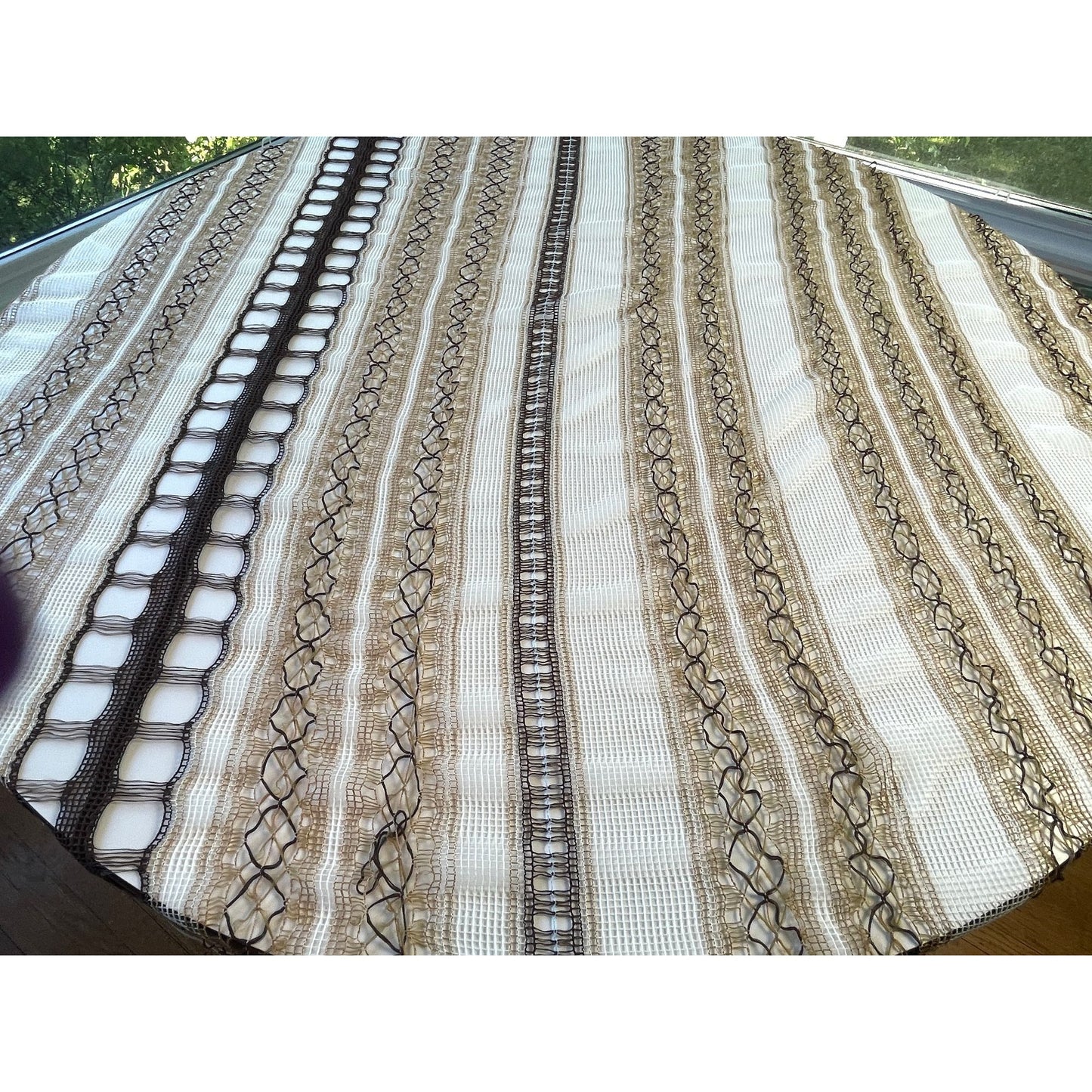 Vintage 70s curtain, white brown striped woven mesh