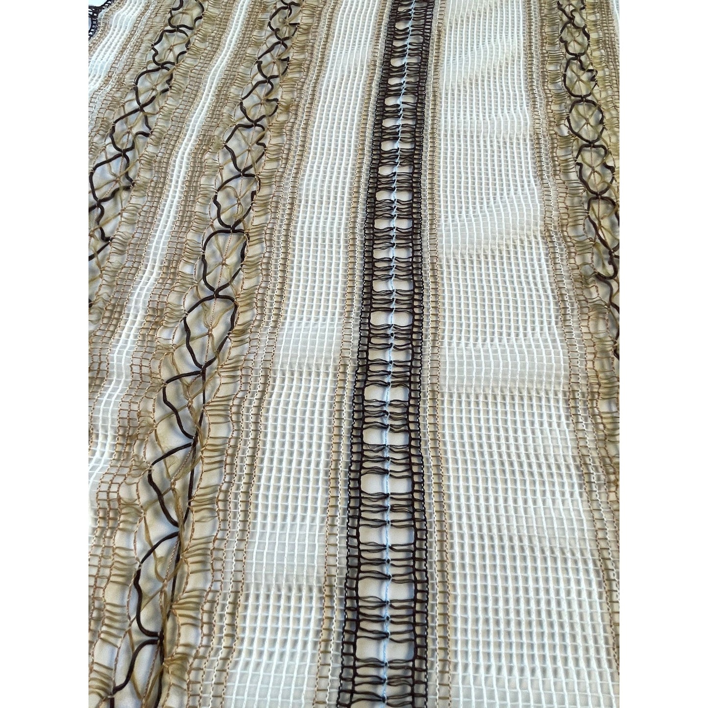 Vintage 70s curtain, white brown striped woven mesh
