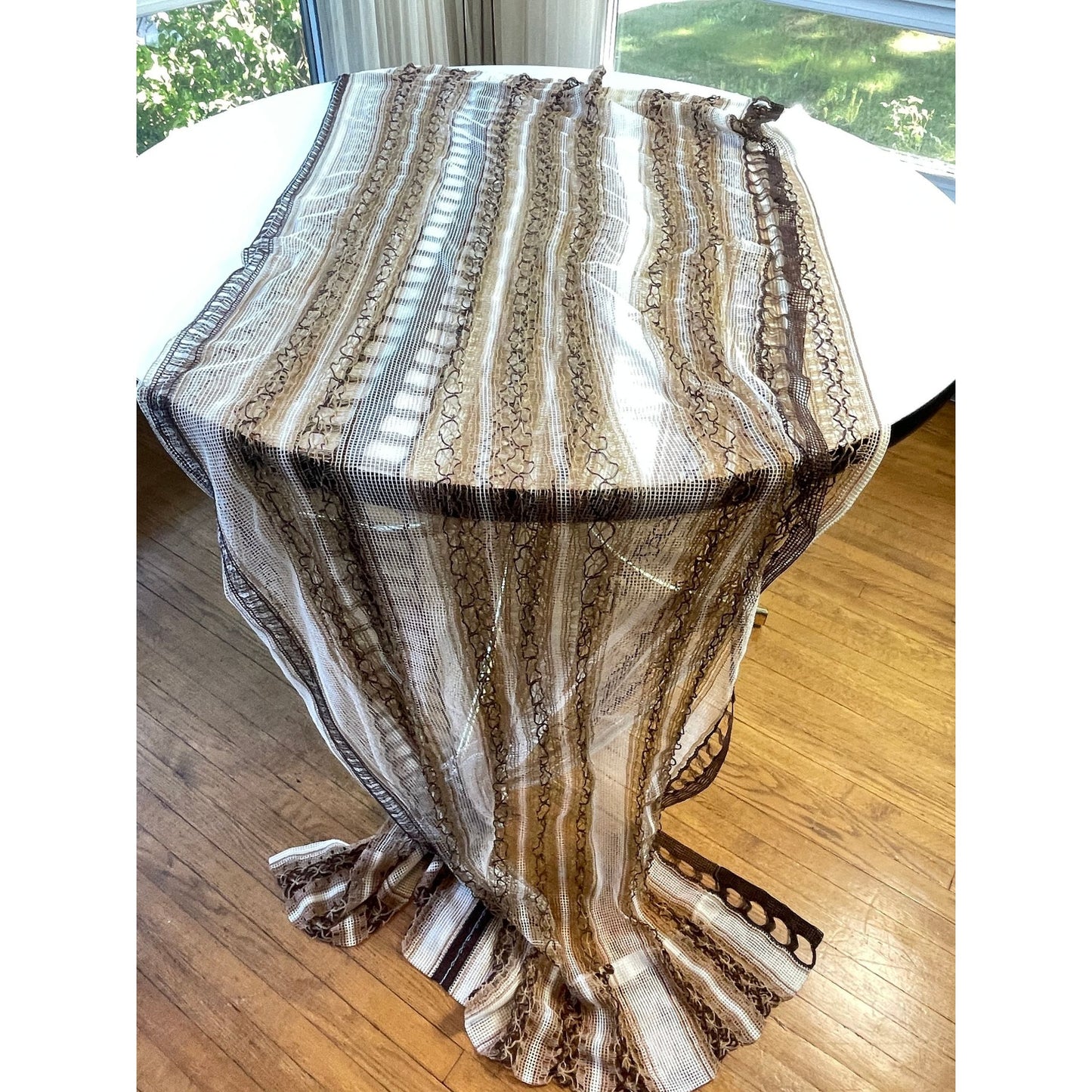 Vintage 70s curtain, white brown striped woven mesh
