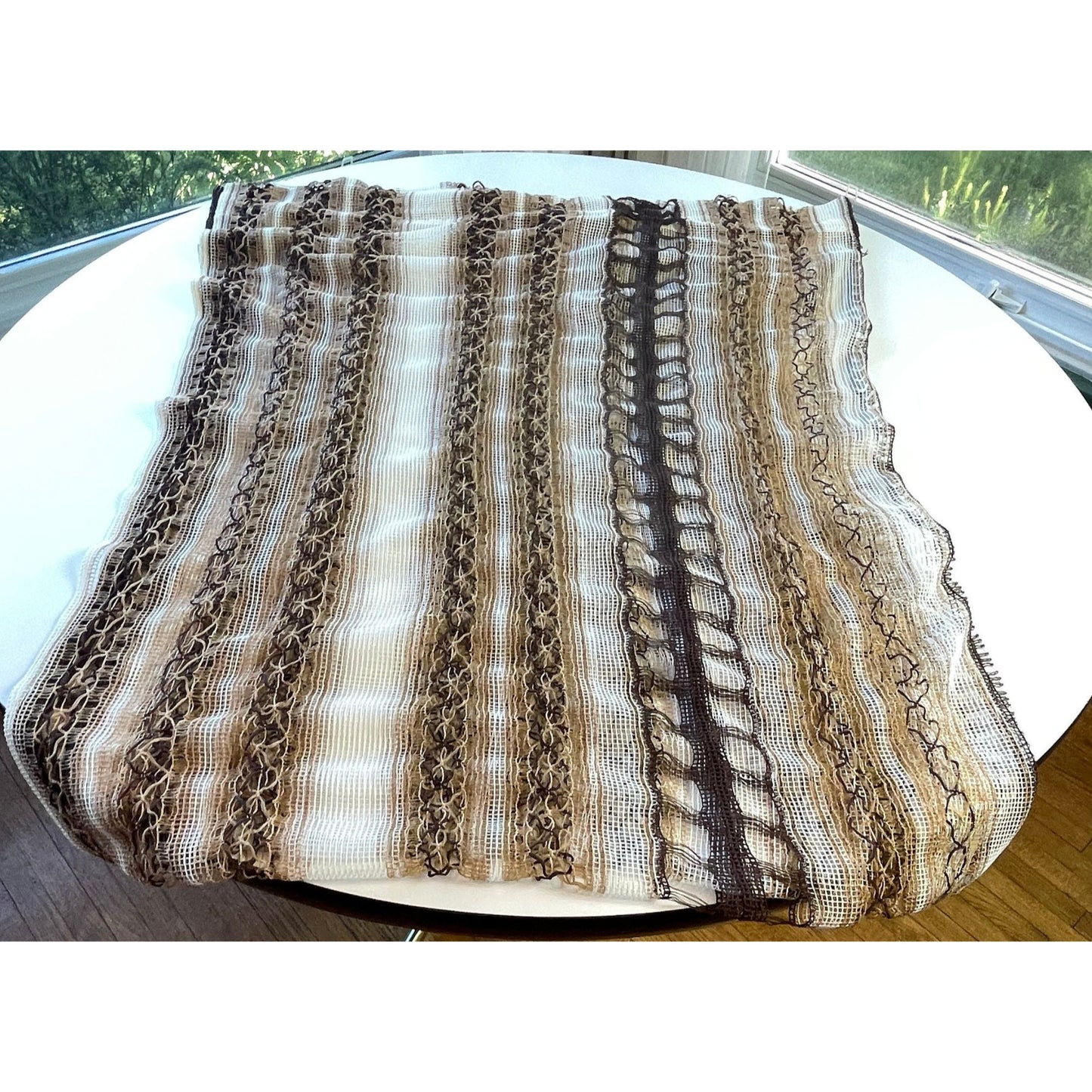 Vintage 70s curtain, white brown striped woven mesh