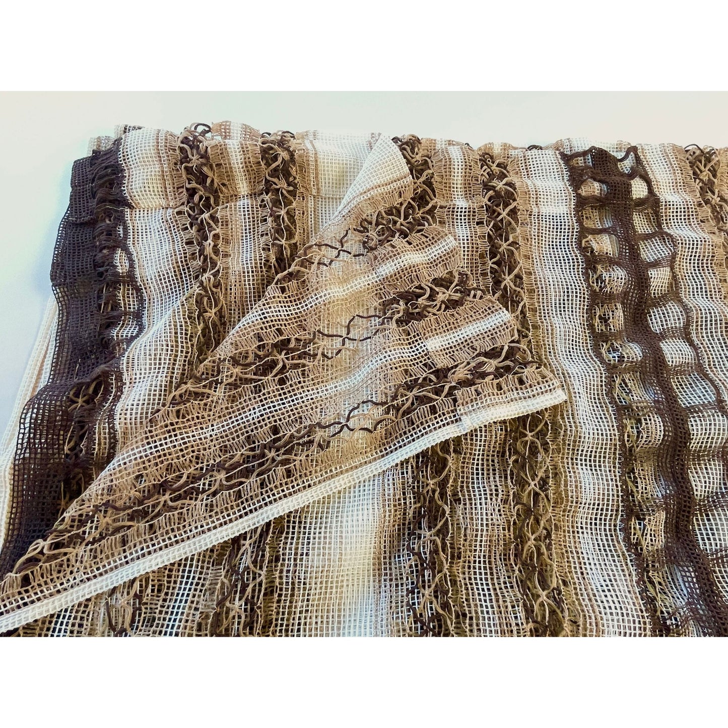 Vintage 70s curtain, white brown striped woven mesh