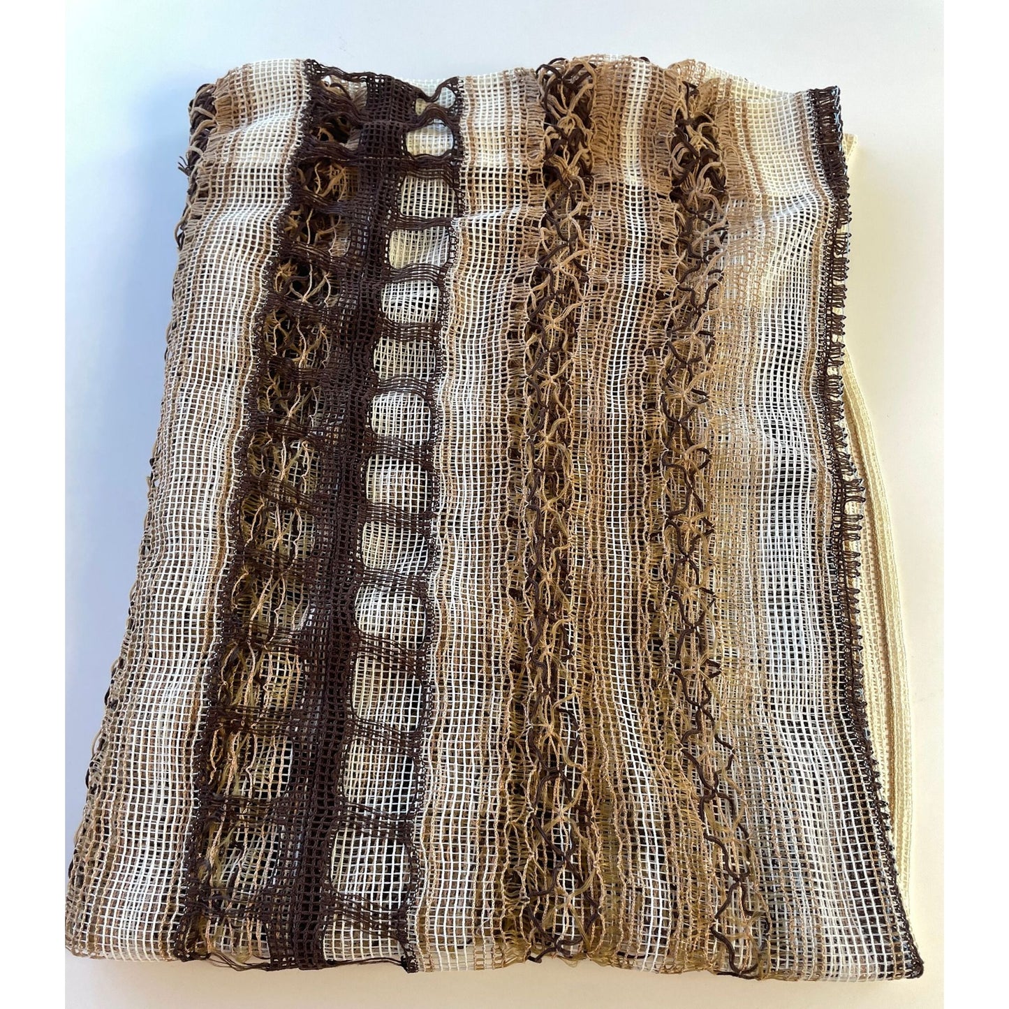 Vintage 70s curtain, white brown striped woven mesh