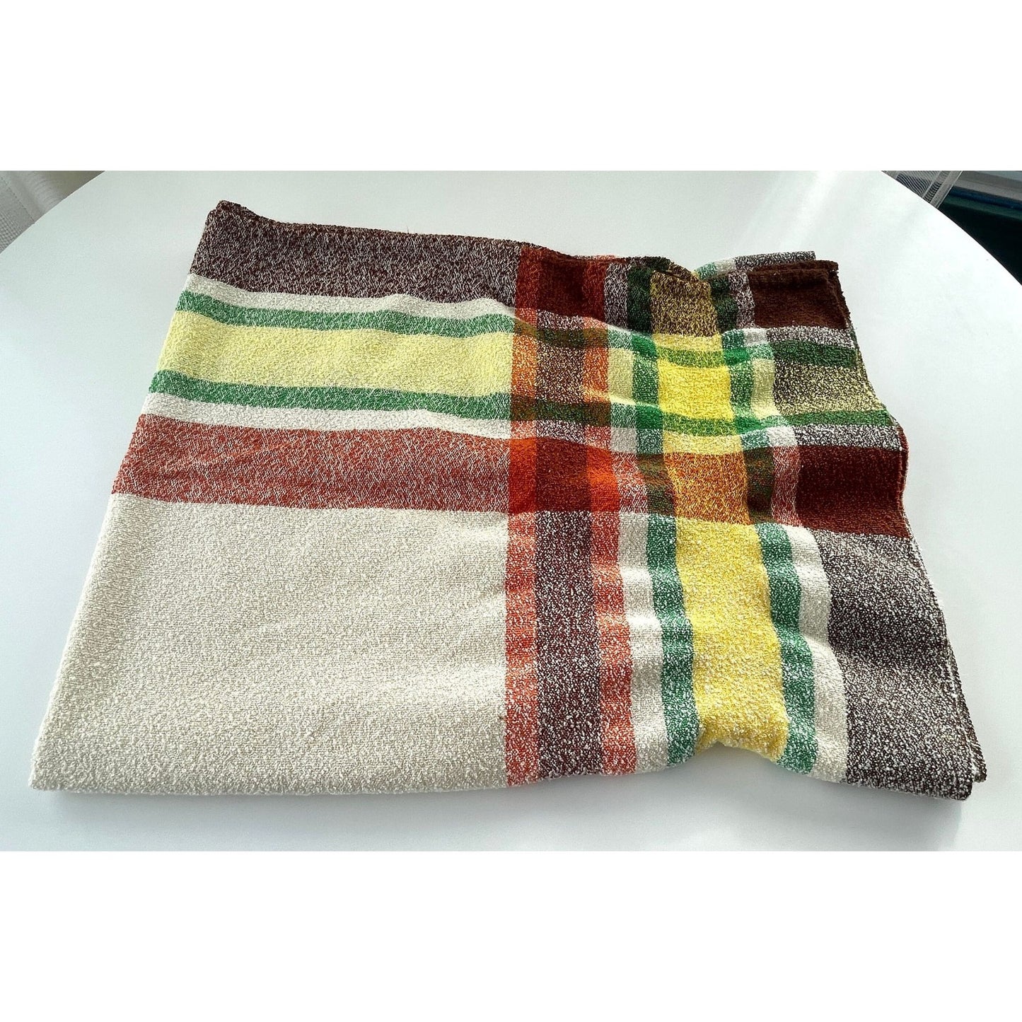 Vintage bed throw, beige brown plaid