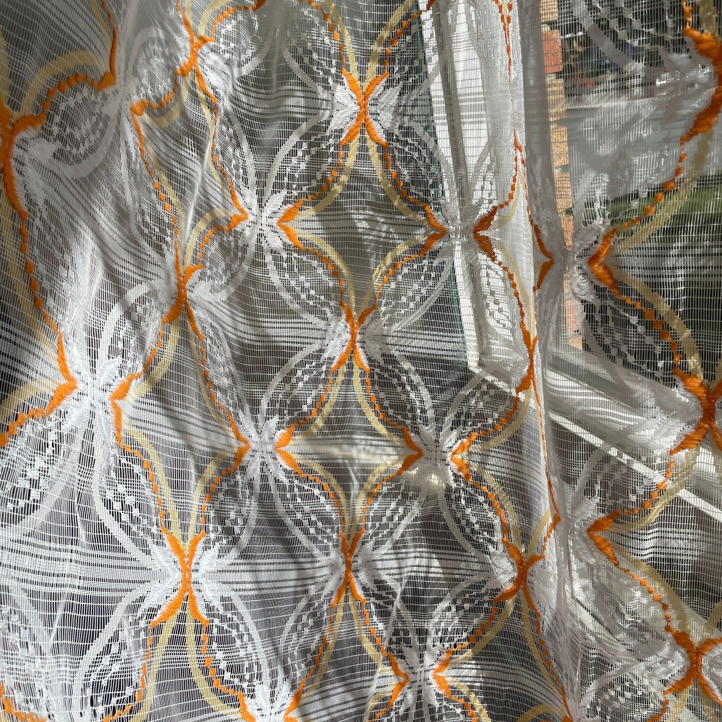 Vintage 70s geometric orange white mesh curtain