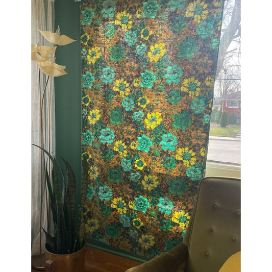Vintage 50s barkcloth green flowers curtain
