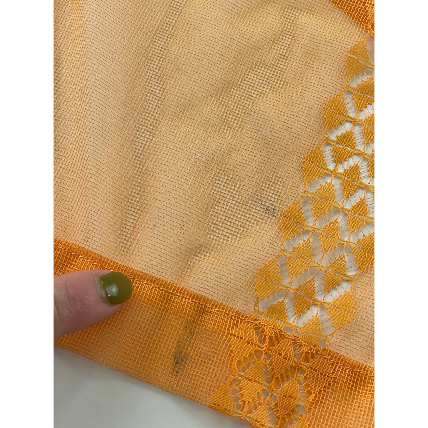 Vintage 70s curtains, pair orange mesh panels