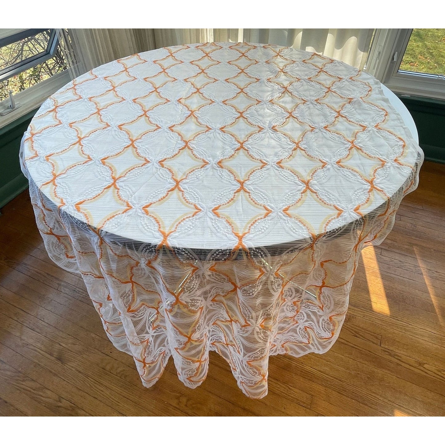 Vintage 70s geometric orange white mesh curtain