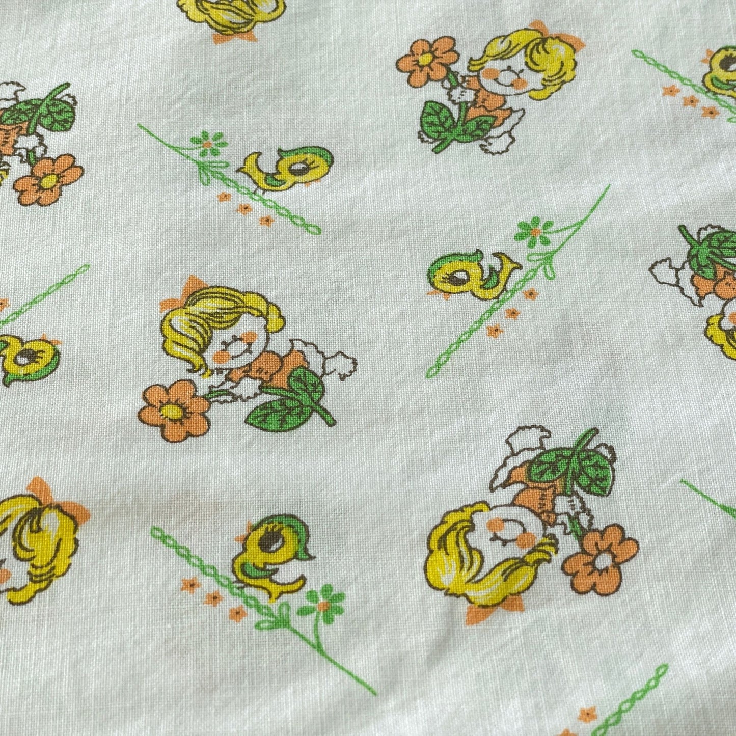Vintage 60s children pillowcase, daisies and ducks, orange, green and yellow