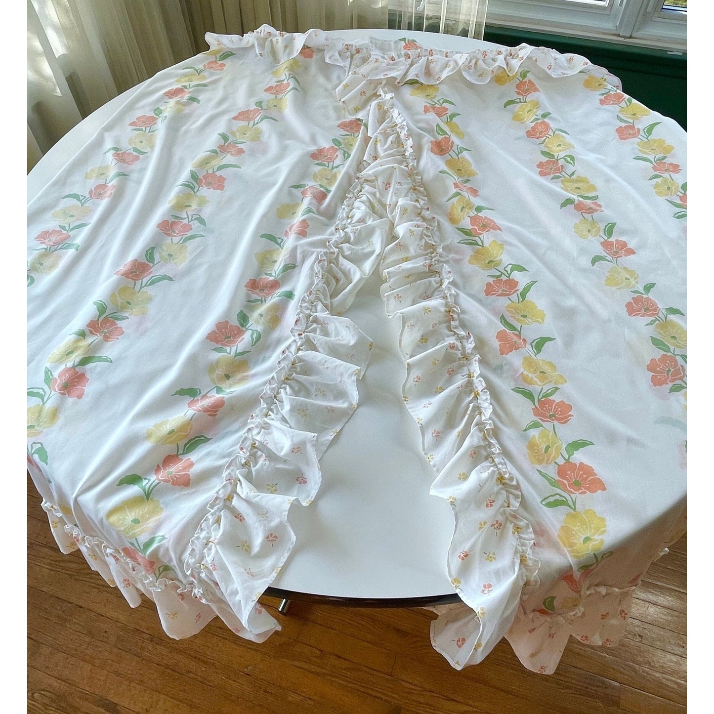 Vintage 80s curtain, orange yellow floral, pair of ruffled panels