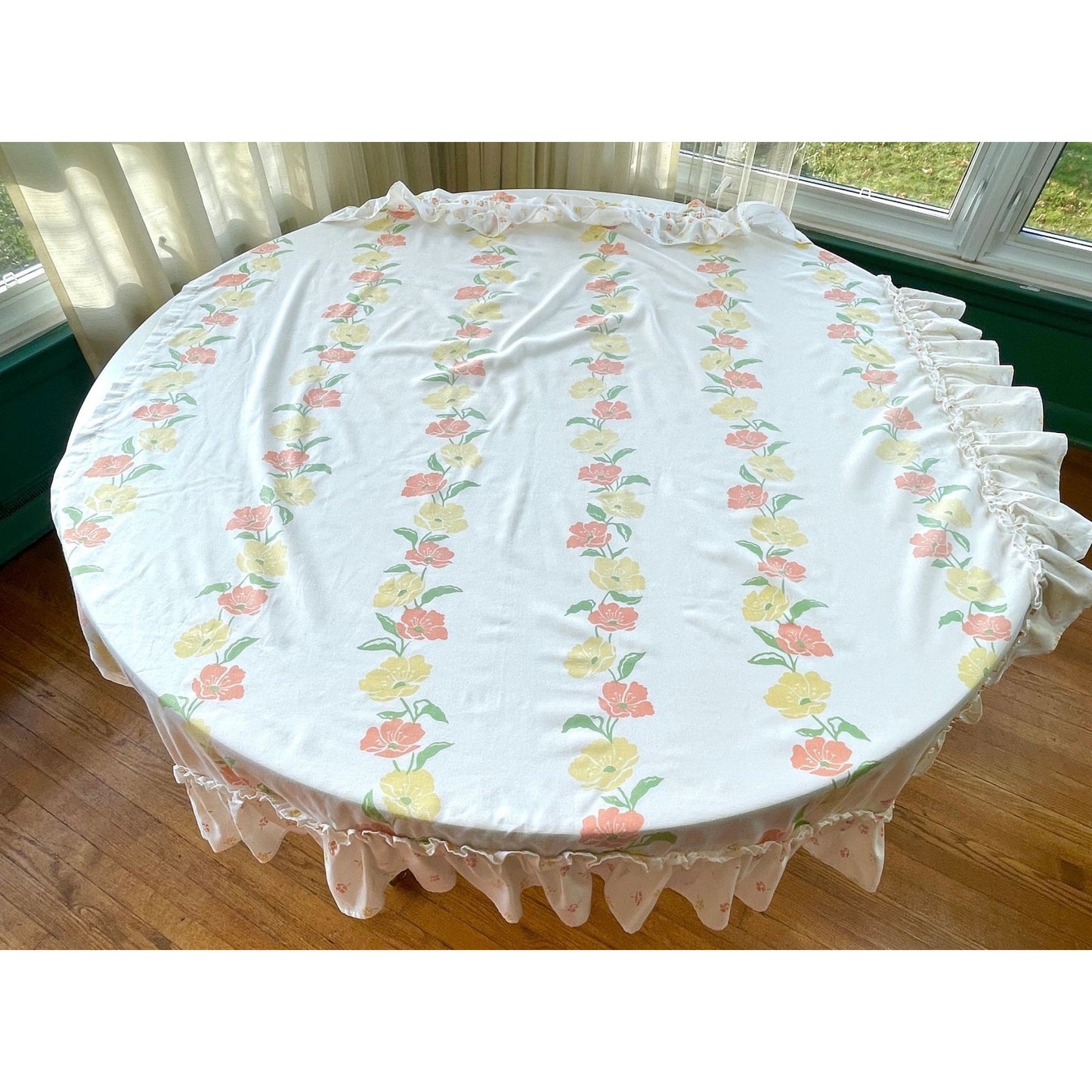 Vintage 80s curtain, orange yellow floral, pair of ruffled panels