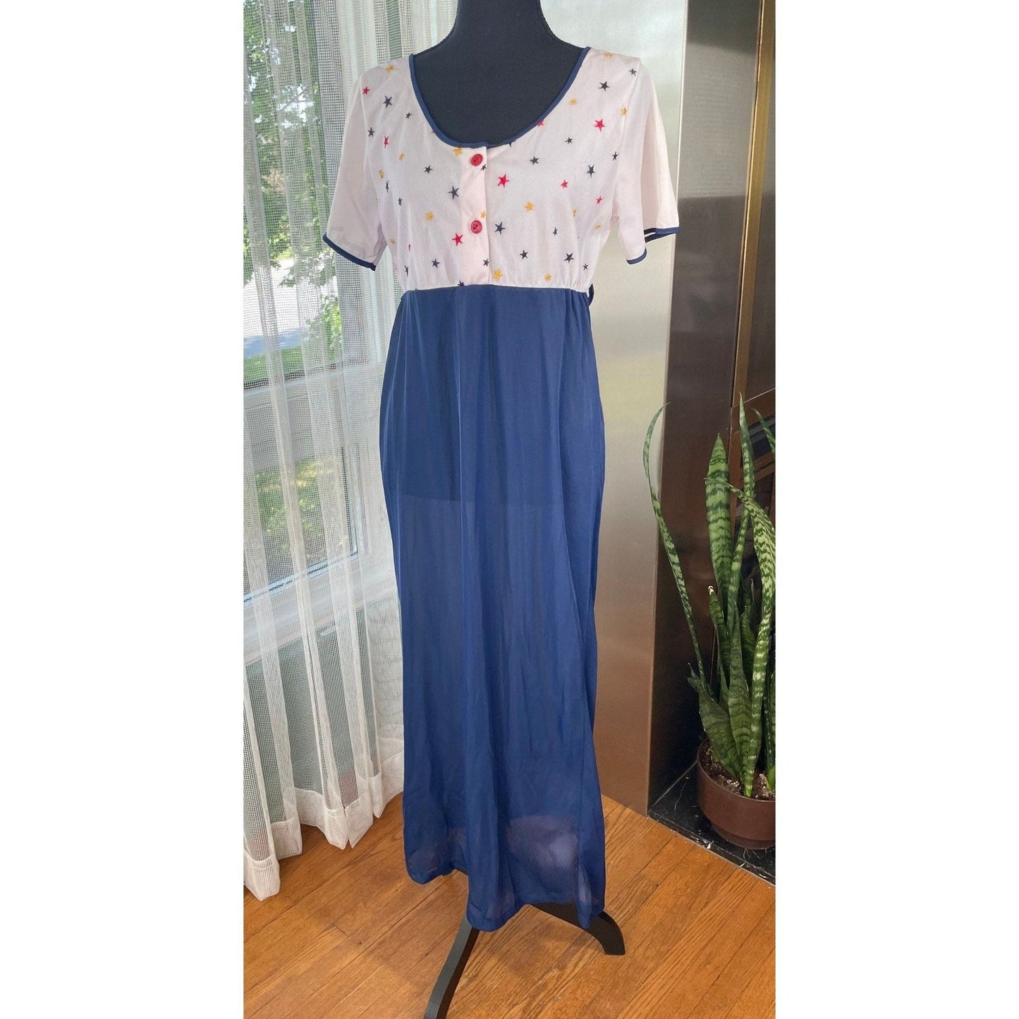 Vintage 80s dress, royal blue, white top, red yellow blue stars, short sleeves