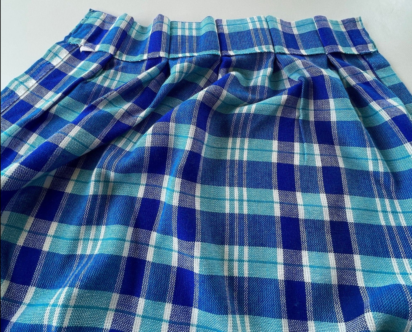Vintage 80s pleated curtains, blue plaid, Sears