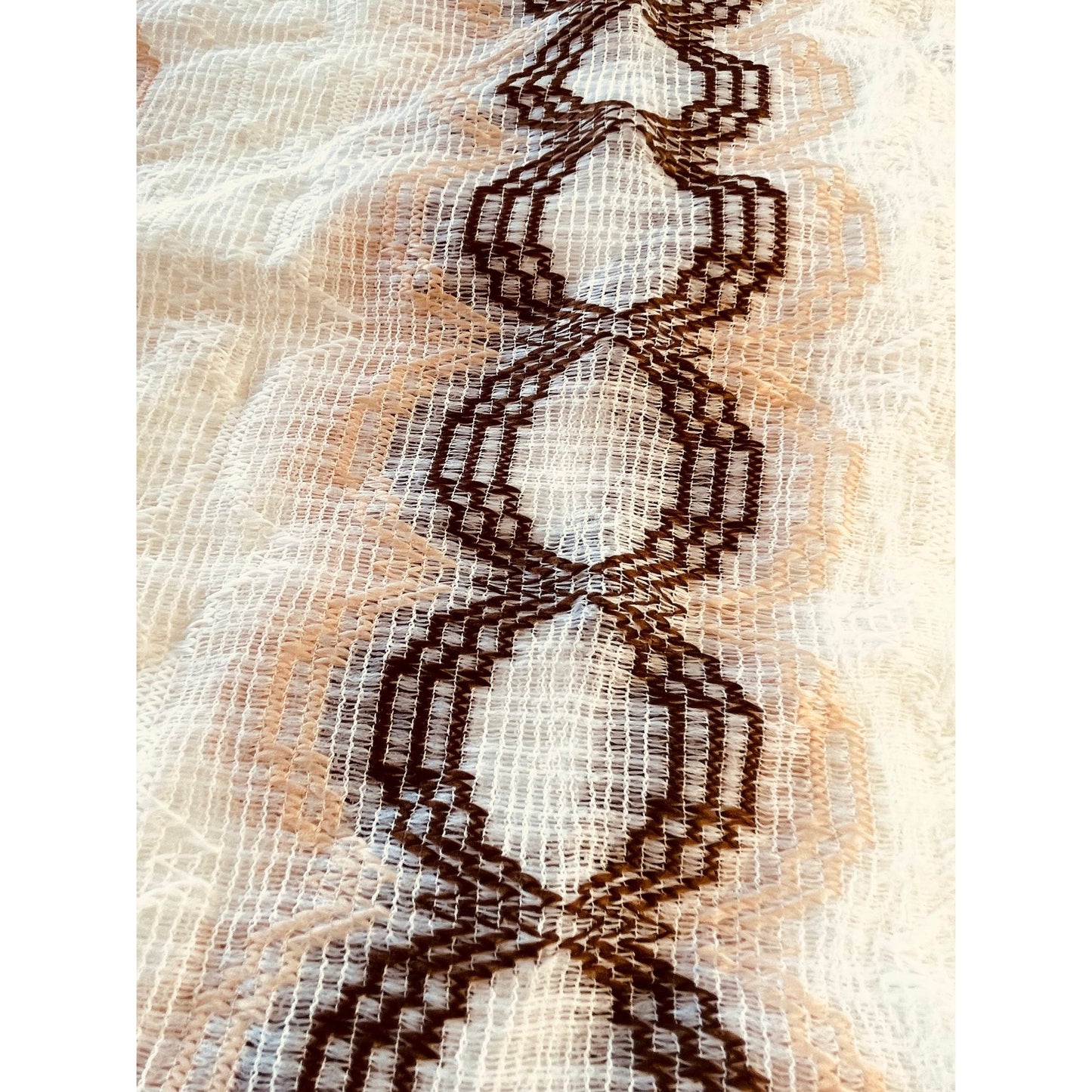 Vintage 70s curtain, beige, tan and brown groovy pattern, mesh panel