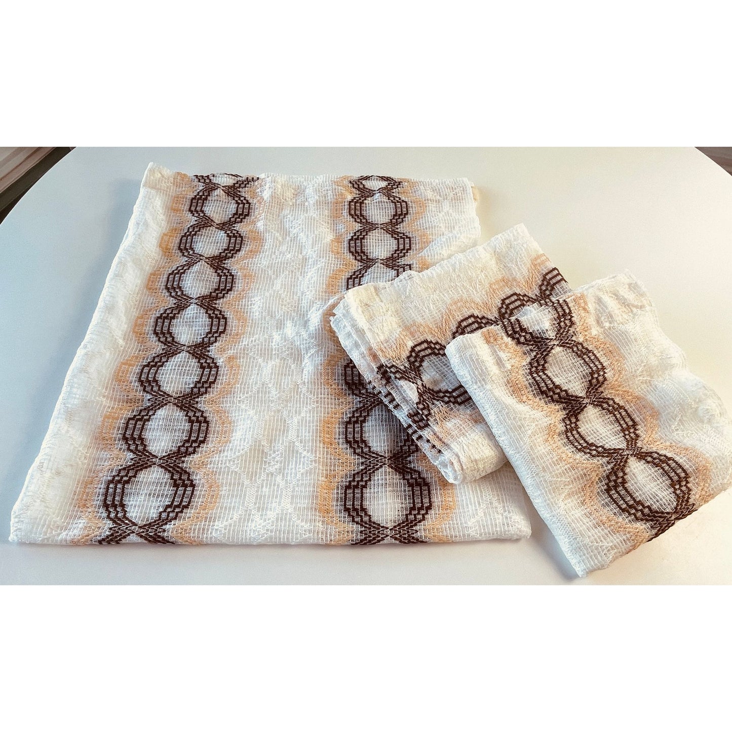 Vintage 70s curtain, beige, tan and brown groovy pattern, mesh panel