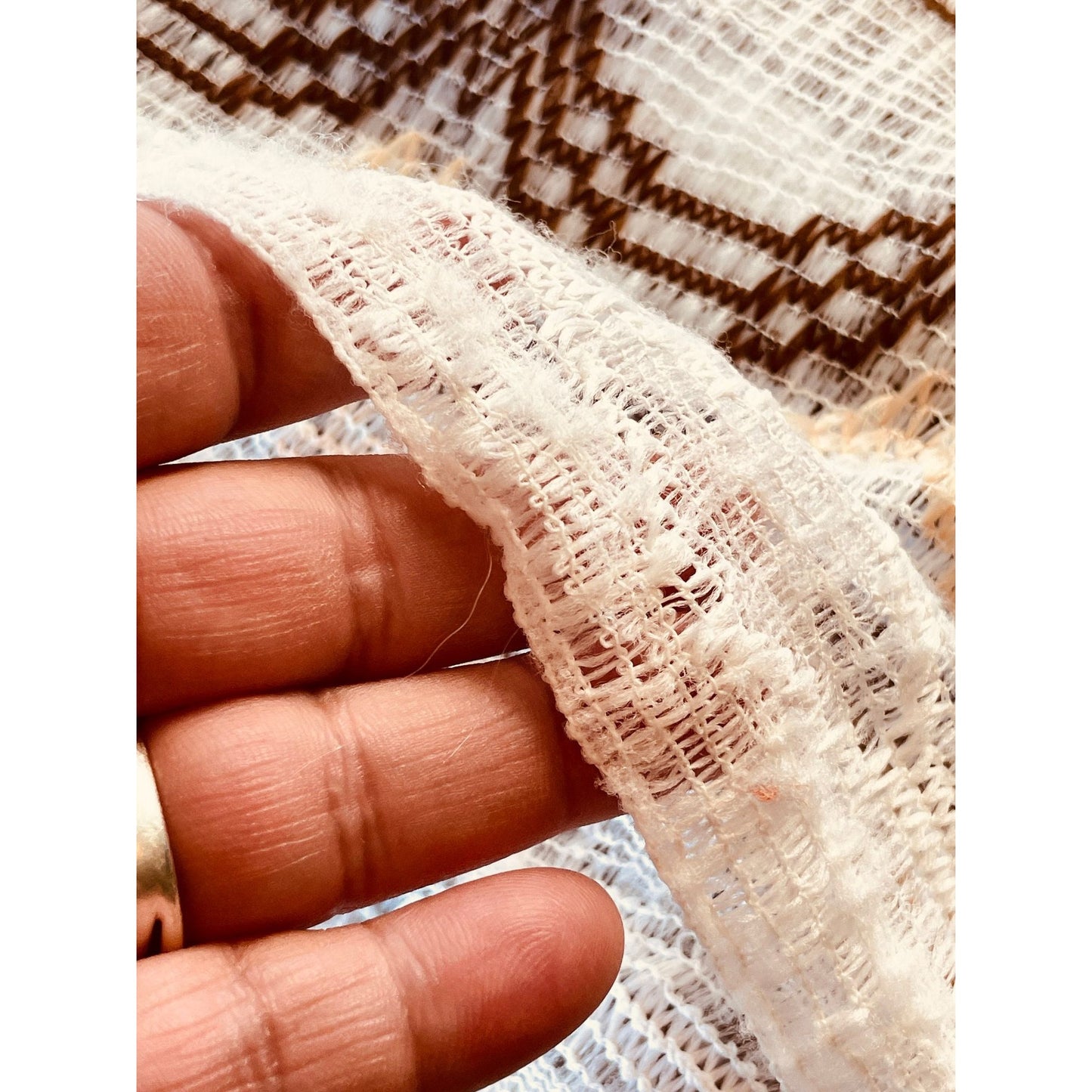 Vintage 70s curtain, beige, tan and brown groovy pattern, mesh panel