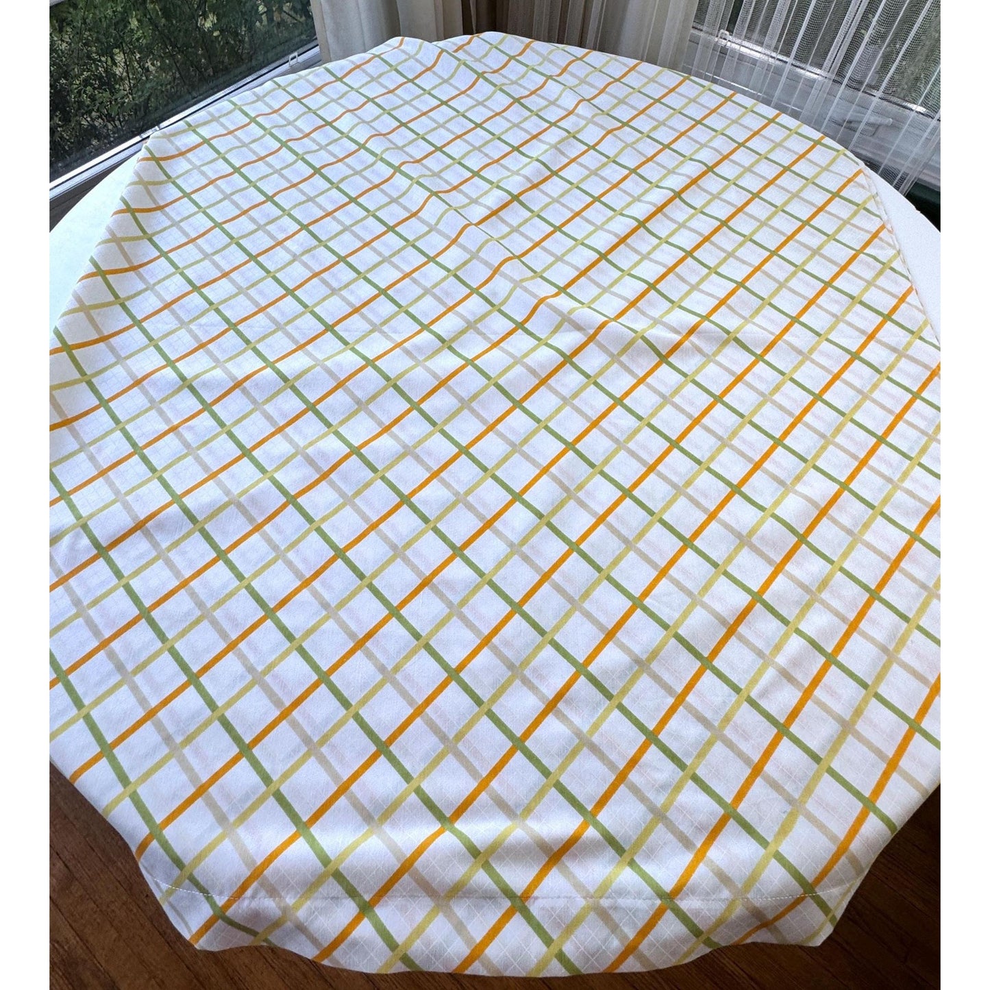 Vintage 70s top / flat sheet, yellow green orange diagonal squares, double / full size bed, TexStyle USA