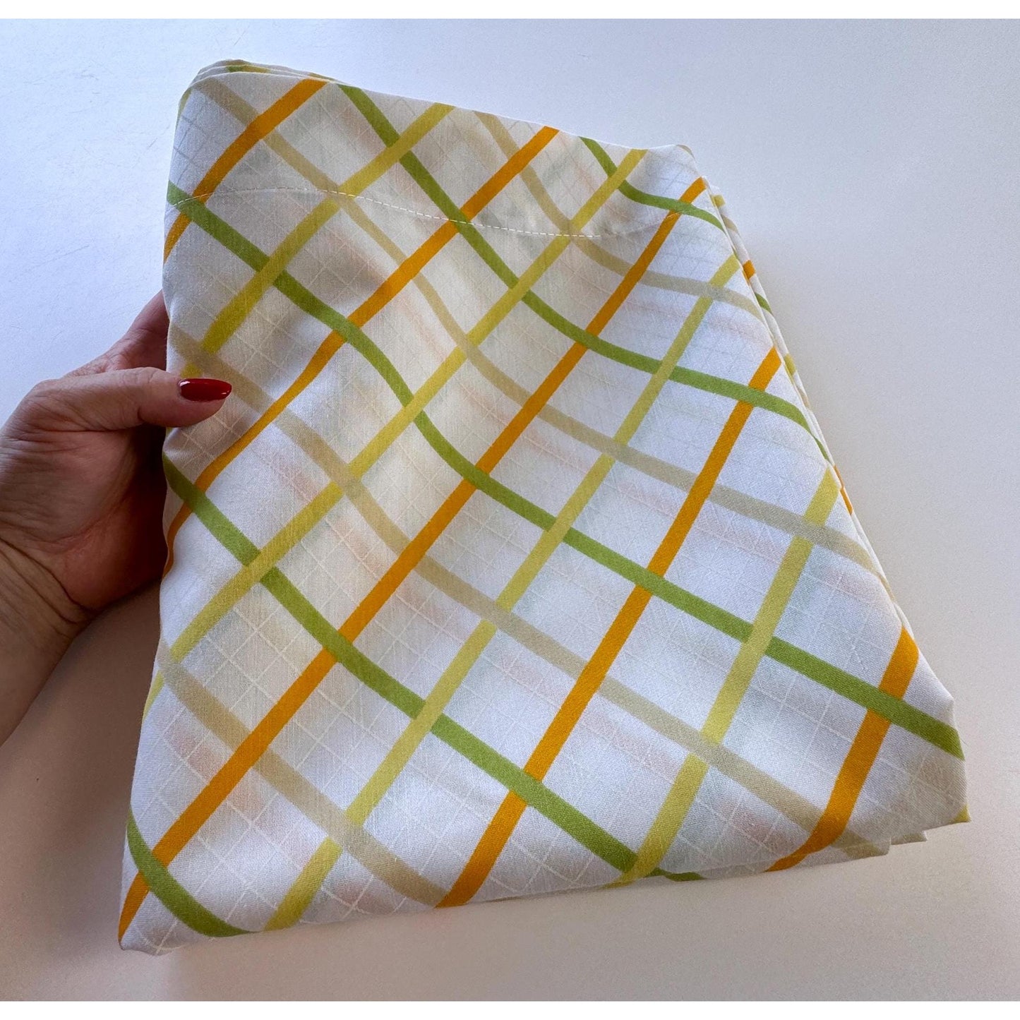 Vintage 70s top / flat sheet, yellow green orange diagonal squares, double / full size bed, TexStyle USA