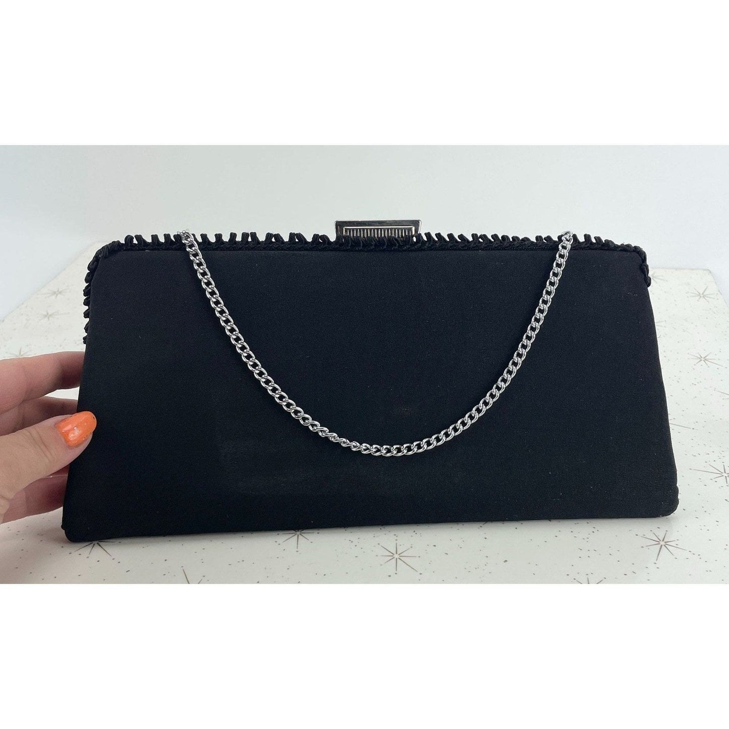 Vintage 50s black purse, satin clutch, La Marquise