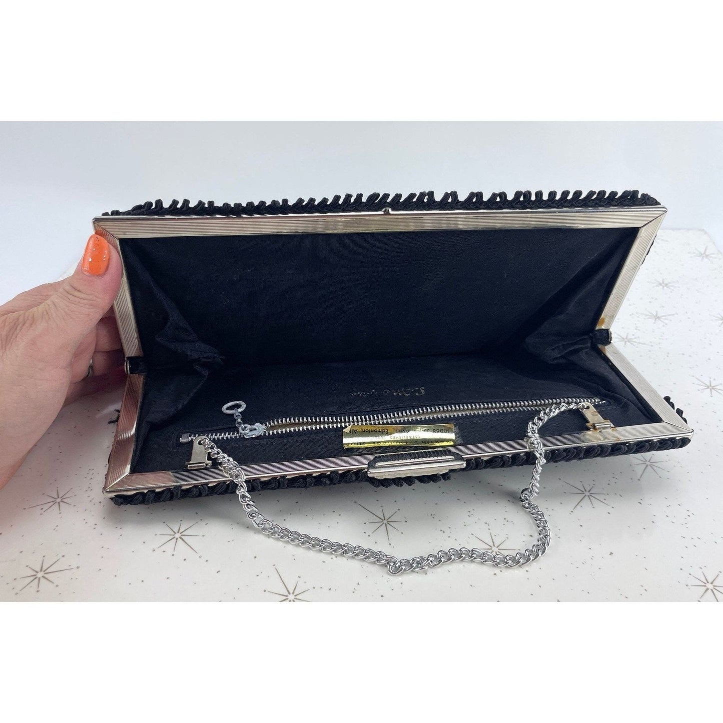 Vintage 50s black purse, satin clutch, La Marquise
