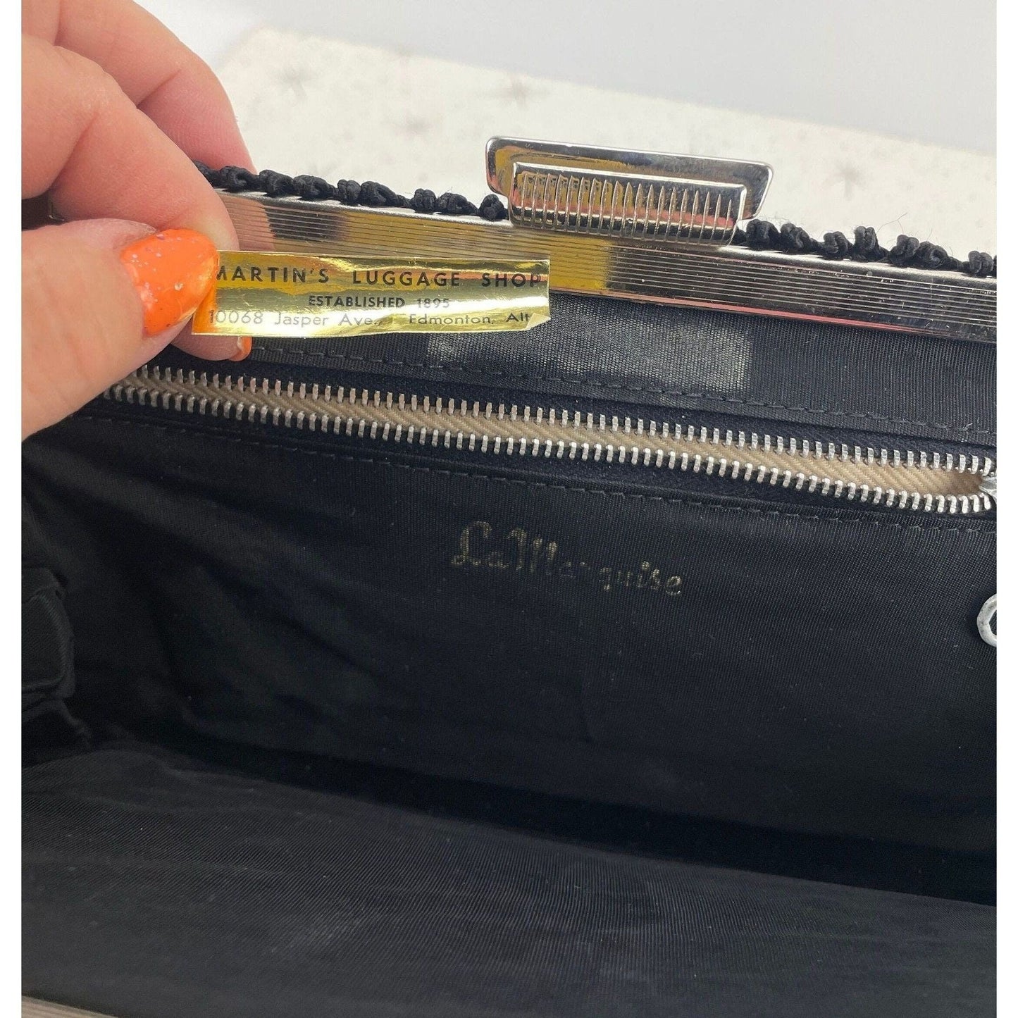 Vintage 50s black purse, satin clutch, La Marquise